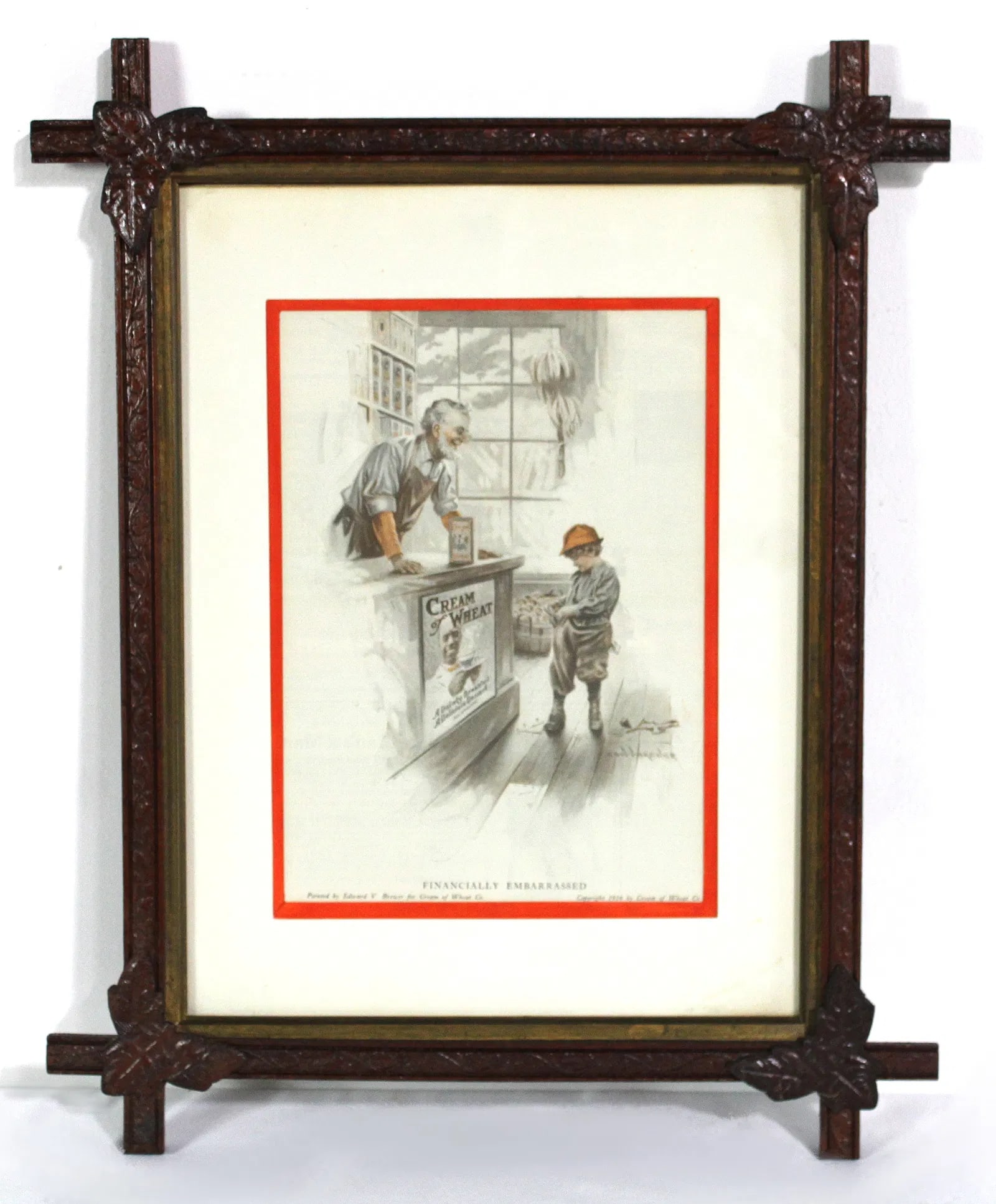 Cream of Wheat Framed Advertisement, 1916: This item requires third-party shipping or pickup arrangements to be made. Dimensions of frame: 21 x 17 x 1