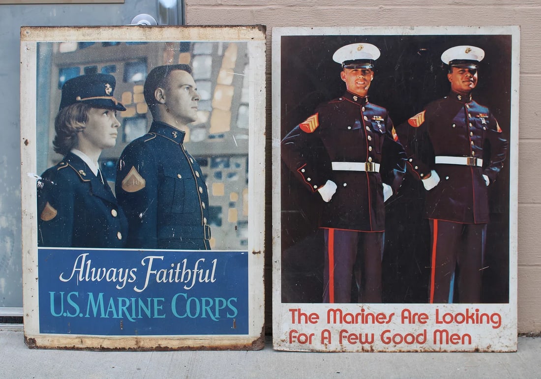 Marine Corps Recruitment Signs, Always Faithful / A Few Good Men: Double sided. Metal. This item requires third-party shipping or pickup arrangements to be made. Dimensions: 40 x 30
