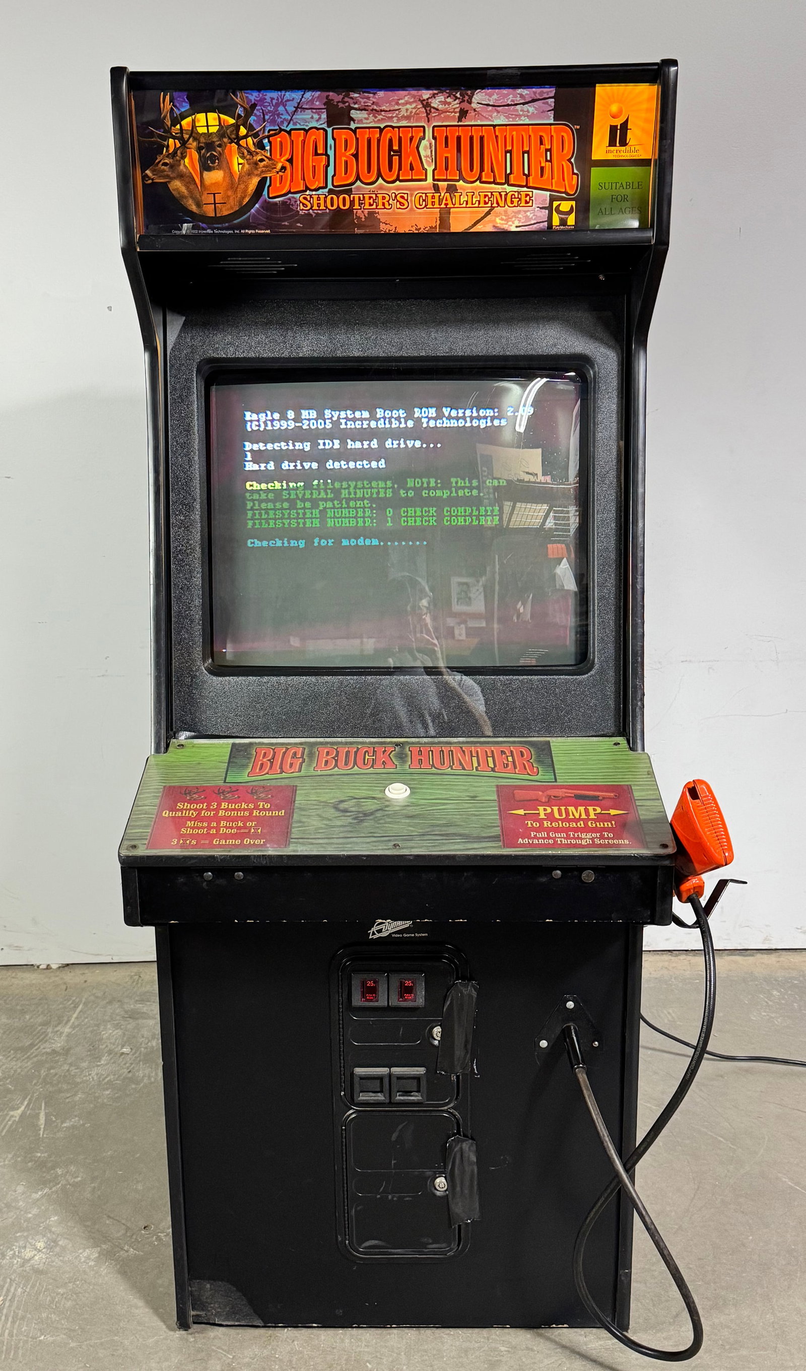 IT Big Buck Hunter Shooters Challenge Rifle Arcade Game: Not working. Resets, possible hard drive issue. This item requires third-party shipping or pickup arrangements to be made. Dimensions: 72 x 32 x 39