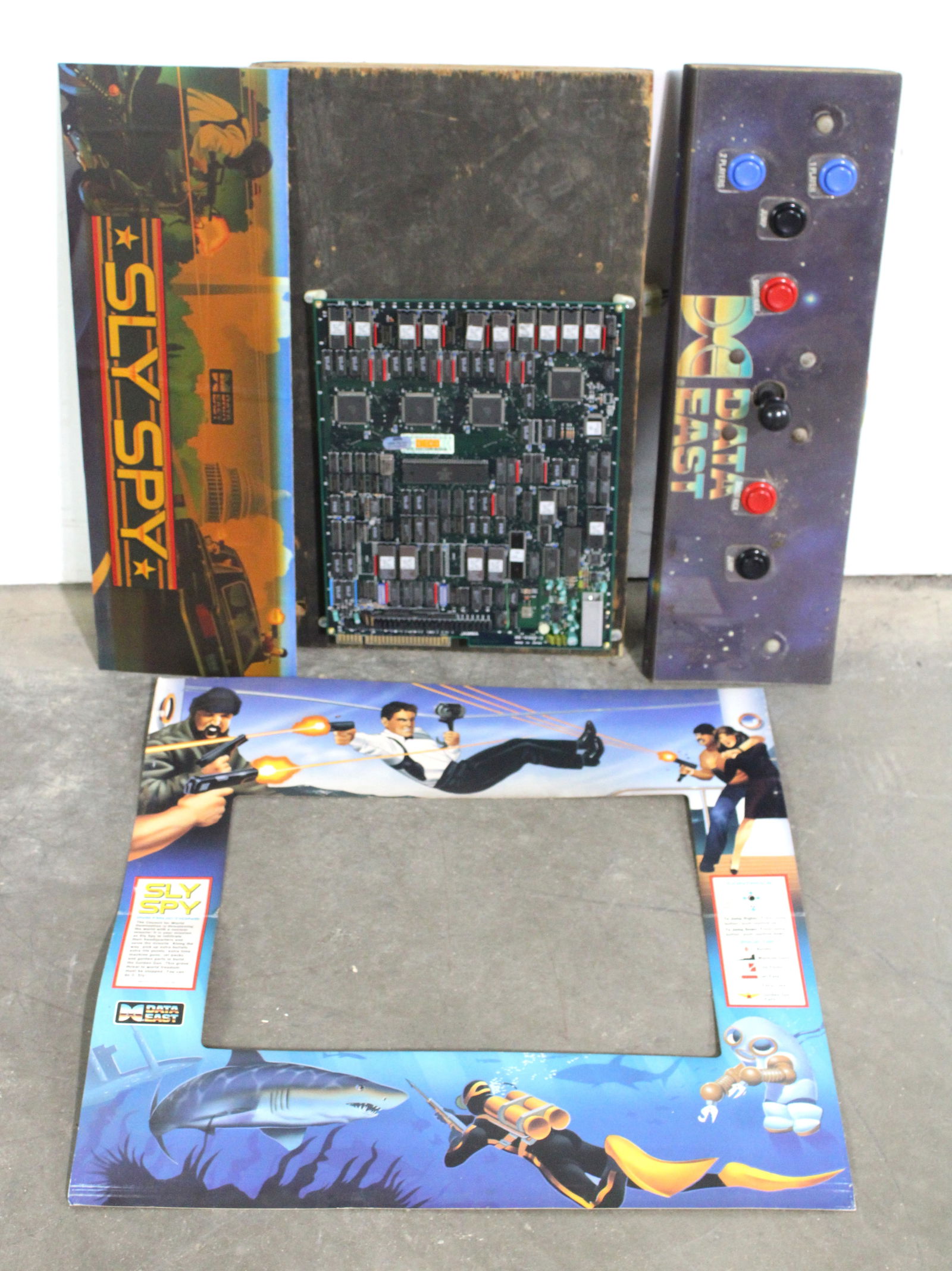Data East Sly Spy Arcade Game Board, Header, Control Panel, Marquee Overlay (1 of 3)