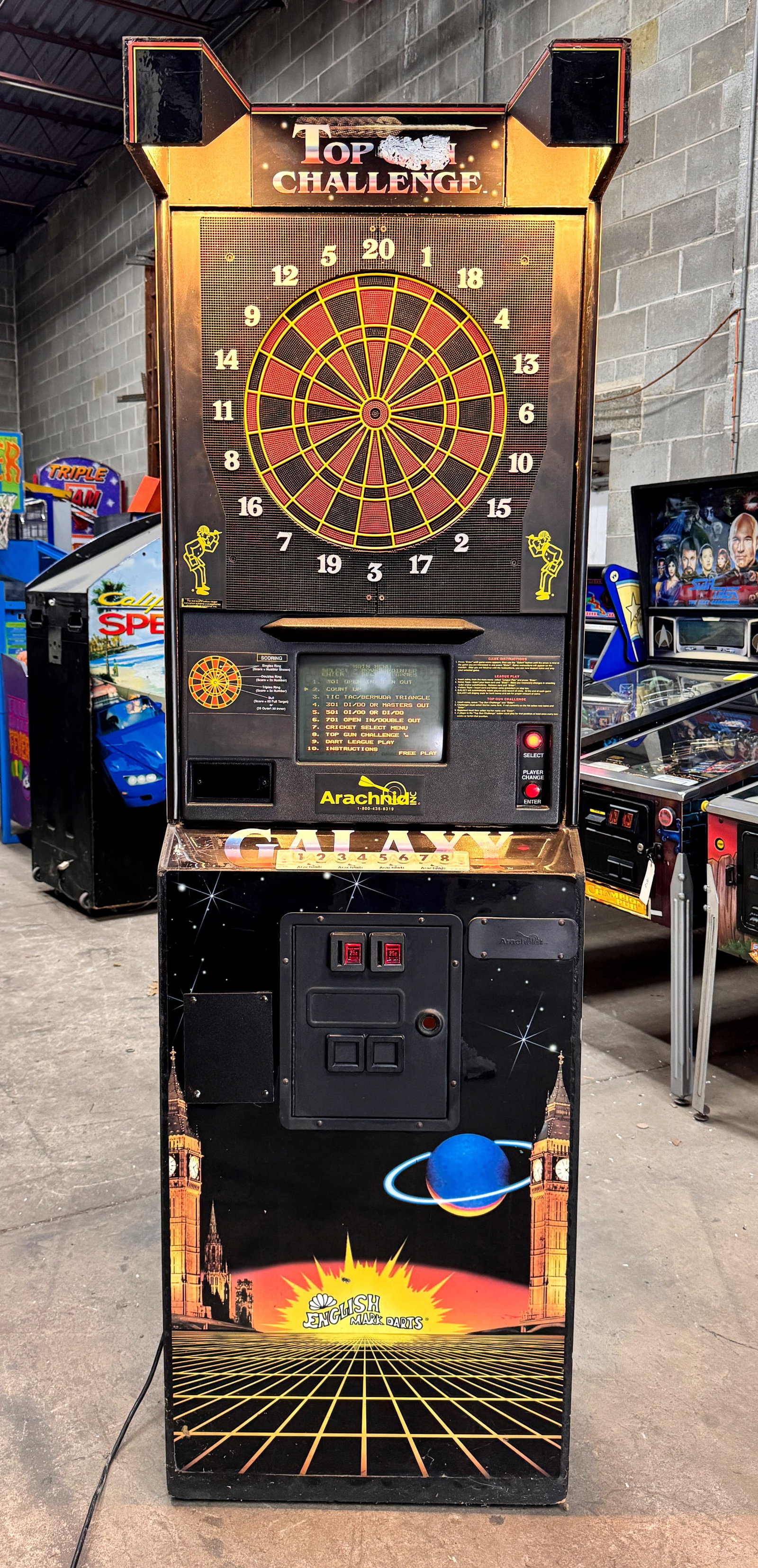 Arachnid Galaxy Top Gun Challenge Dart Arcade Game: Working. Dimensions: 86 x 26 x 17 ***This is a remote auction in Sewell, New Jersey. Pickup or third-party shipping is required on all items. A list of suggested shippers can be found in the terms of 