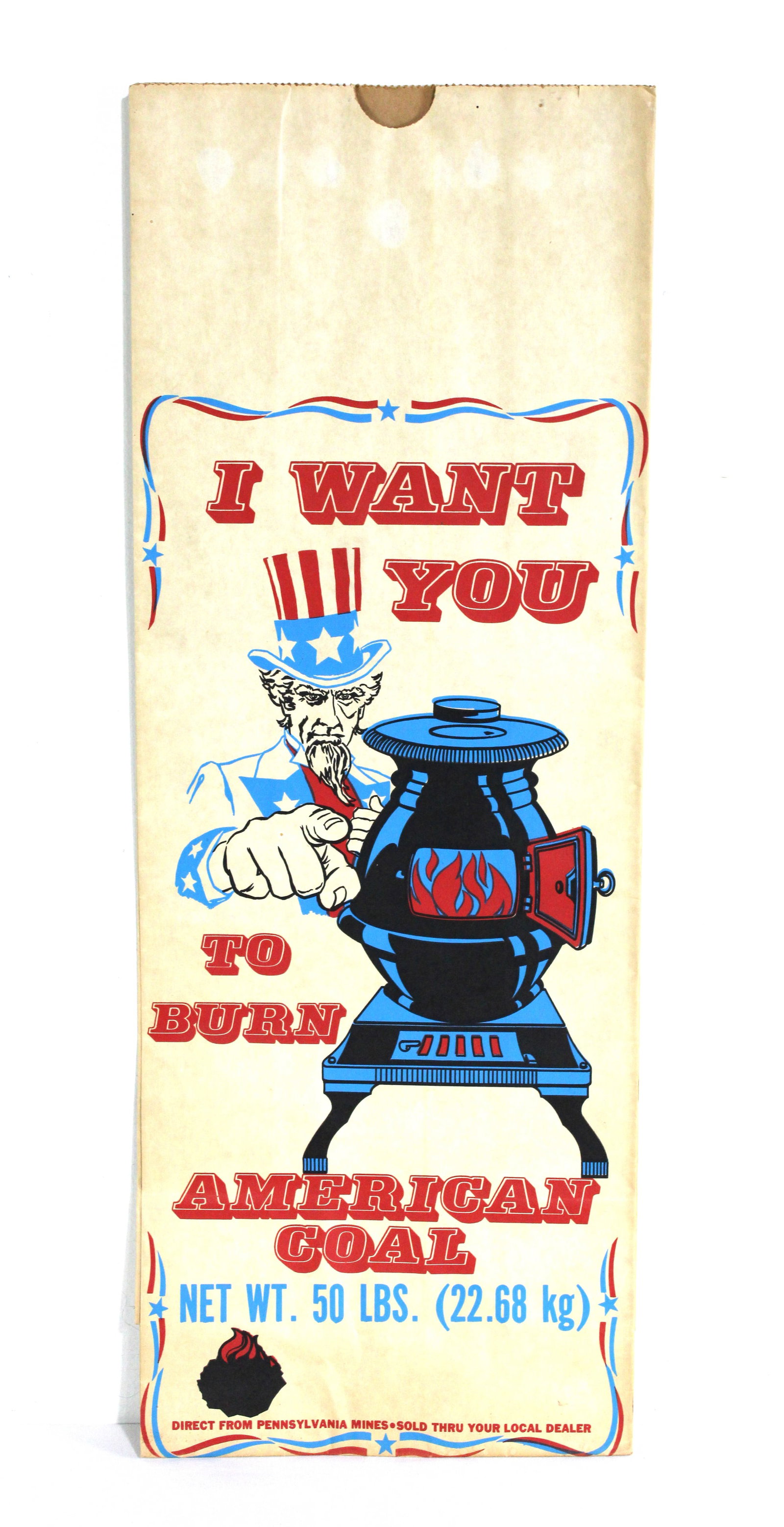 NOS 50lb Coal Bag Feat. Uncle Sam, Pennsylvania Mines: In-house shipping available. Dimensions: 30 x 11
