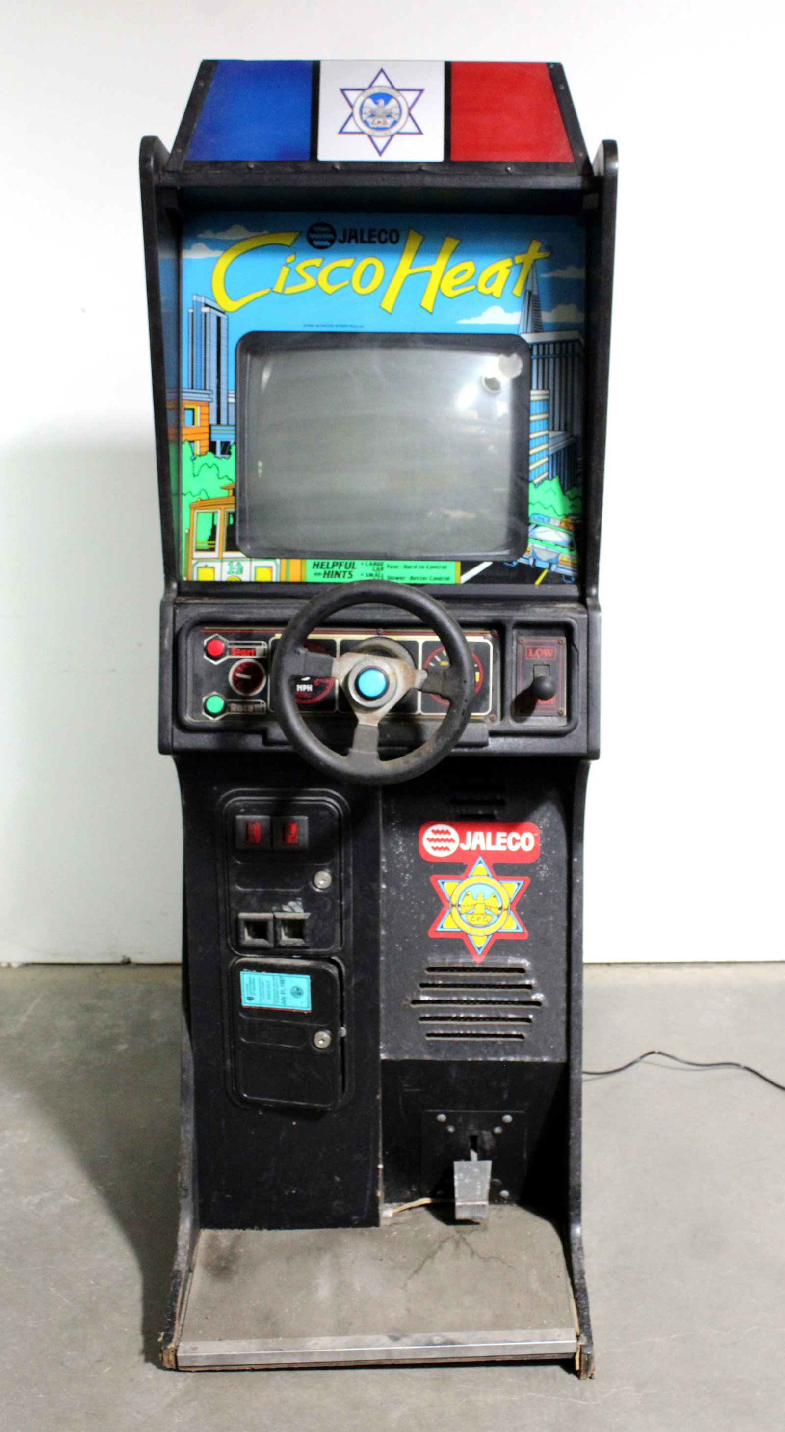 Jaleco Cisco Heat Arcade Game: Complete, not working. This item requires third-party shipping or pickup arrangements to be made. Dimensions: 73 x 25 x 35