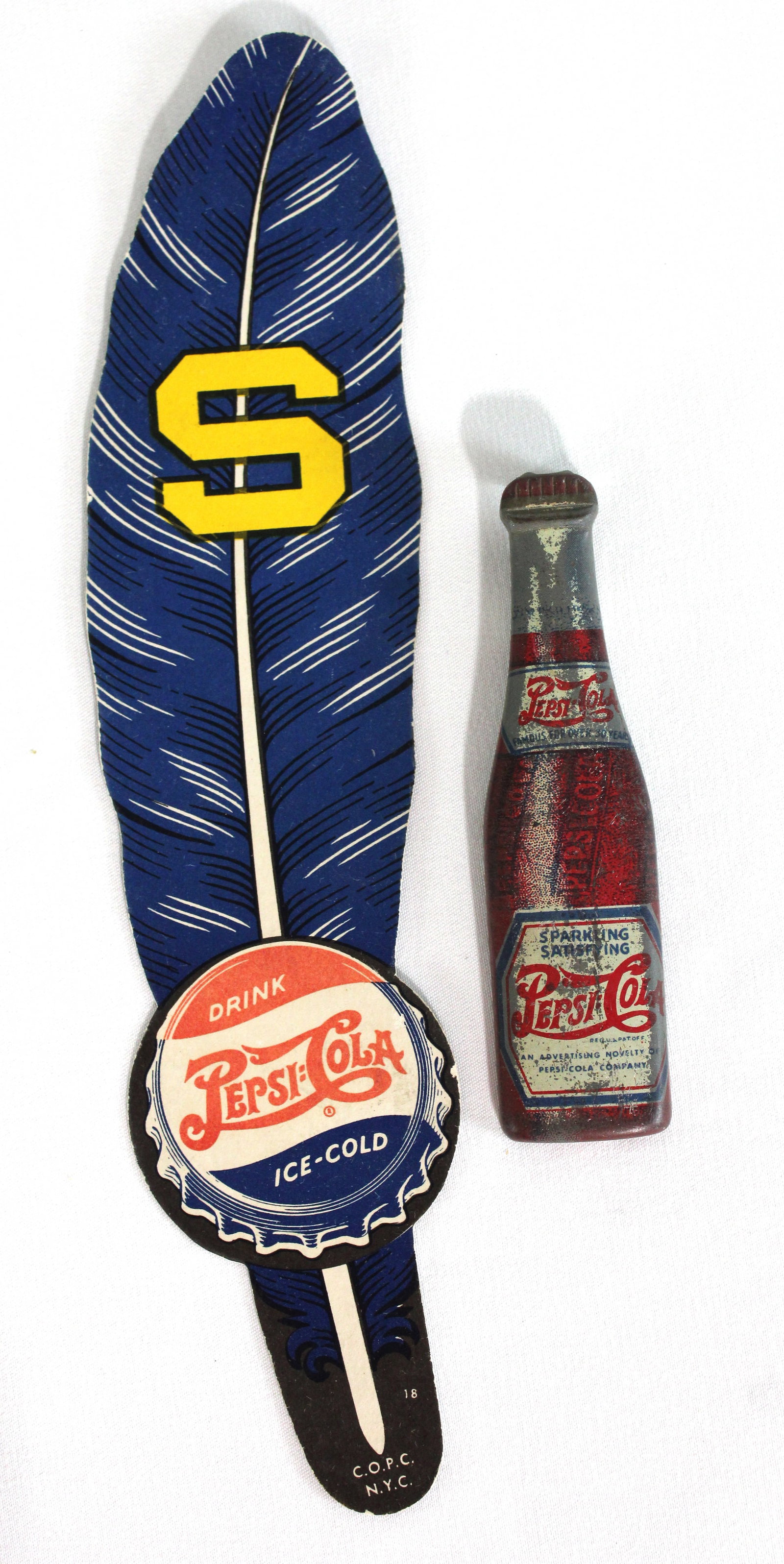 Pepsi-Cola Advertising Bottle Opener and Feather Bookmark: In-house shipping available.