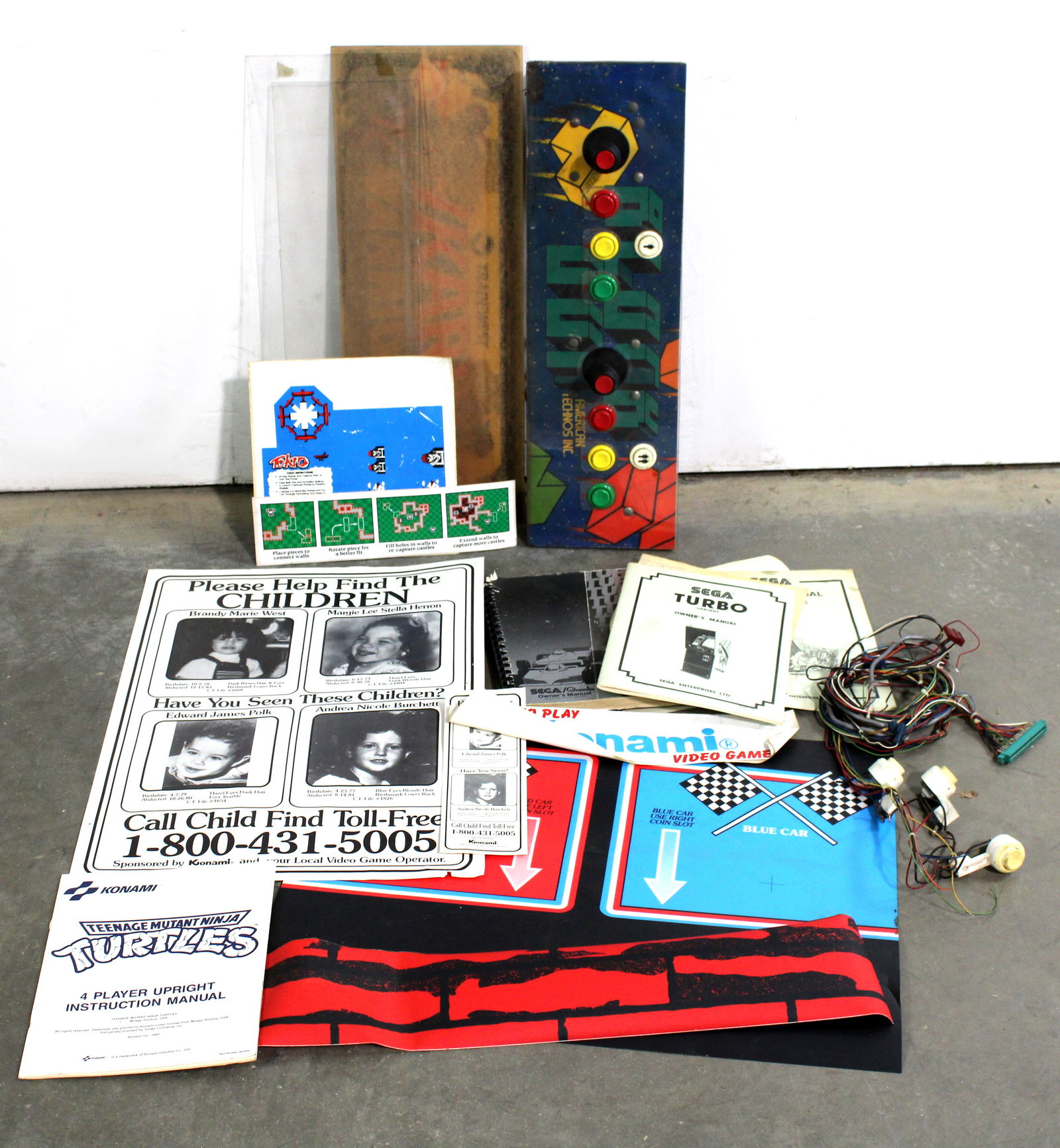 Arcade Items incl. Block Out Control Panel and Konami Missing Children Poster (1 of 3)