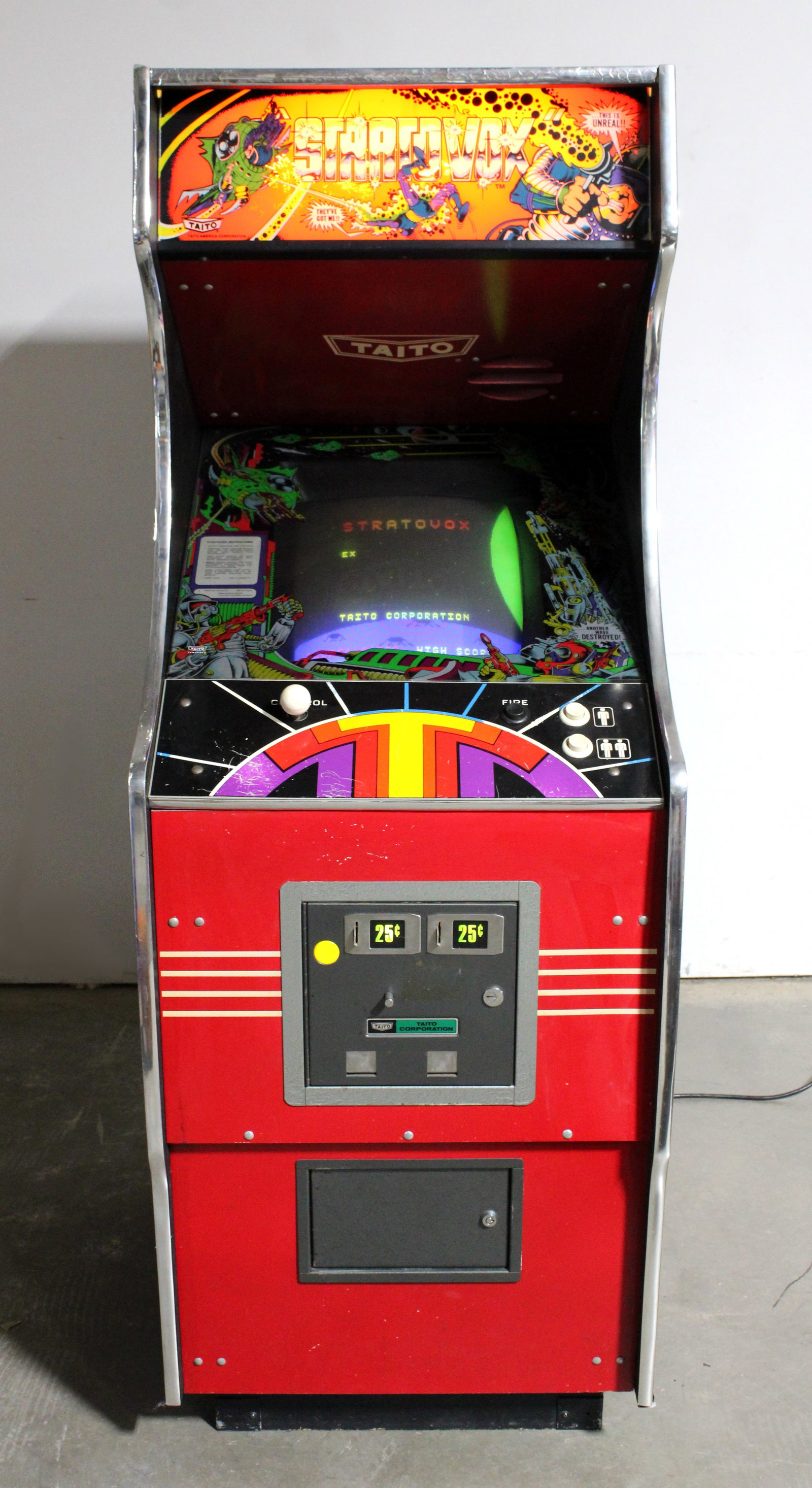 Taito Stratovox Arcade Game: Working. This item requires third-party shipping or pickup arrangements to be made. Dimensions: 68 x 25 x 36