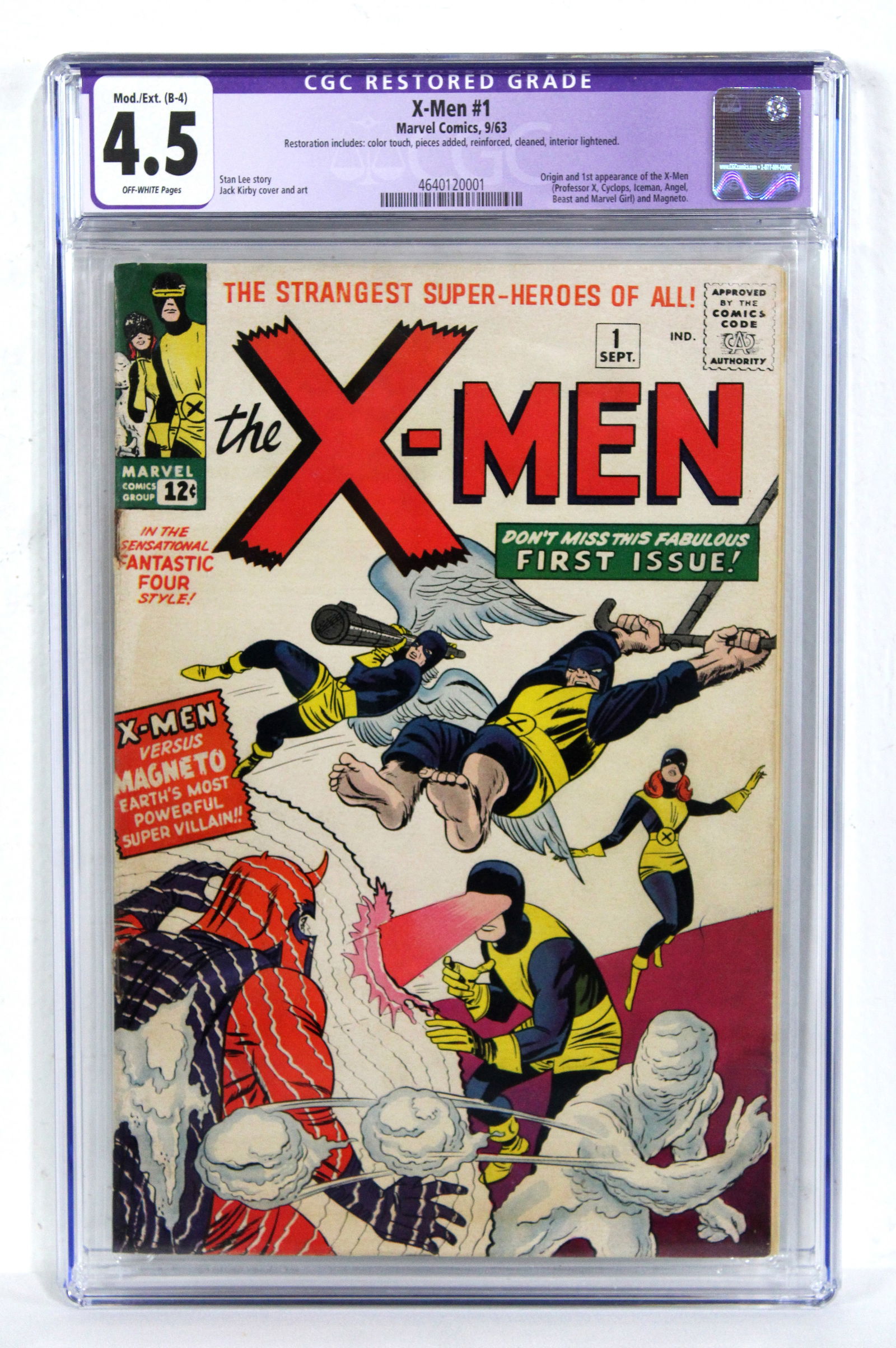 Marvel Comics The X-Men Issue 1, CGC Graded 4.5 (restored): CGC graded 4.5 (restored). Origin and first appearance of the X-Men (Professor X, Cyclops, Iceman, Angel, Beast and Marvel Girl) and Magneto. Stan Lee Story. Jack Kirby cover. In-house shipping availa