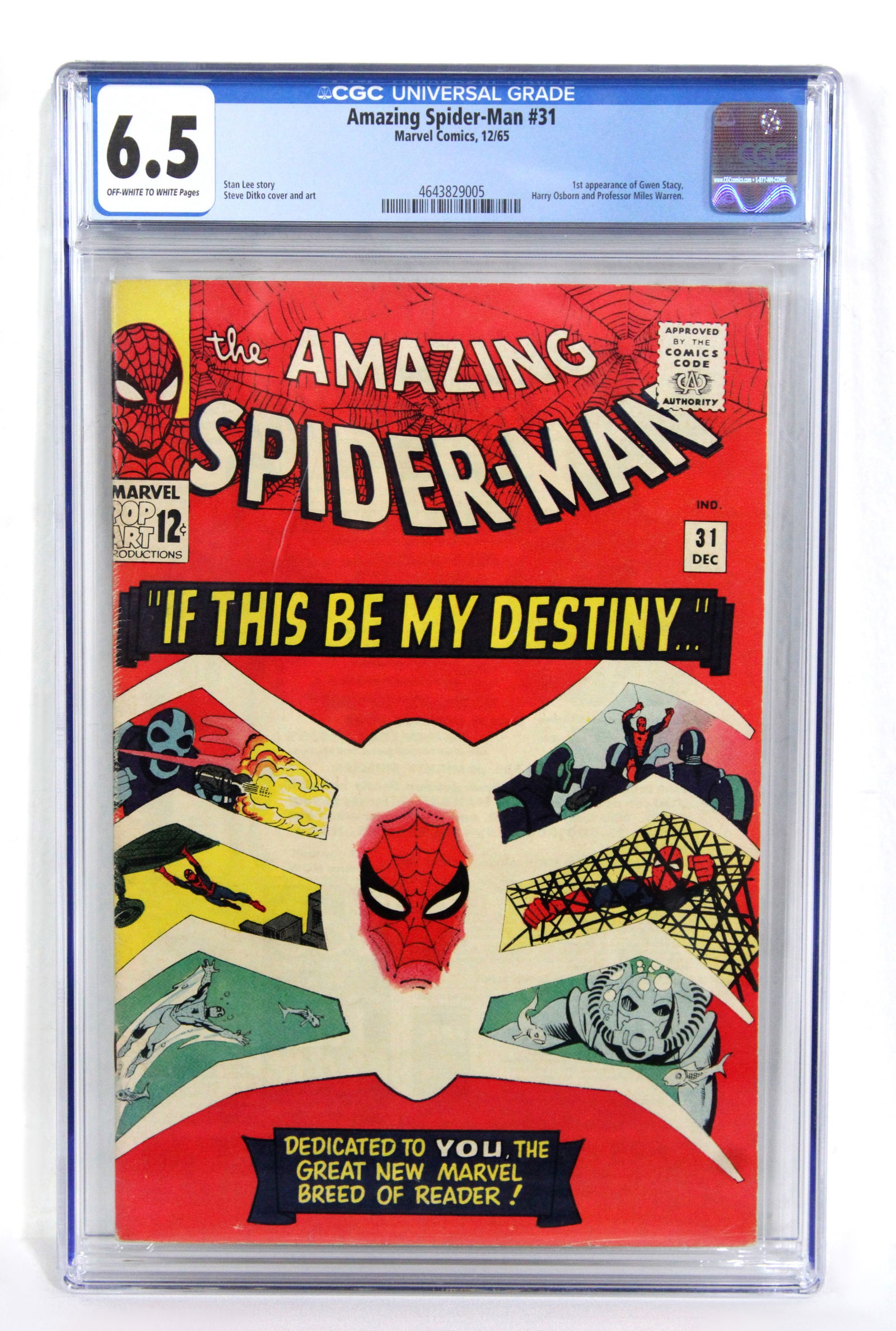 Marvel Comics The Amazing Spider-Man Issue 31, CGC Graded 6.5: CGC Graded 6.5. 1st appearance of Gwen Stacy, Harry Osborne and Professor Miles Warren. Stan Lee Story. In-house shipping available.
