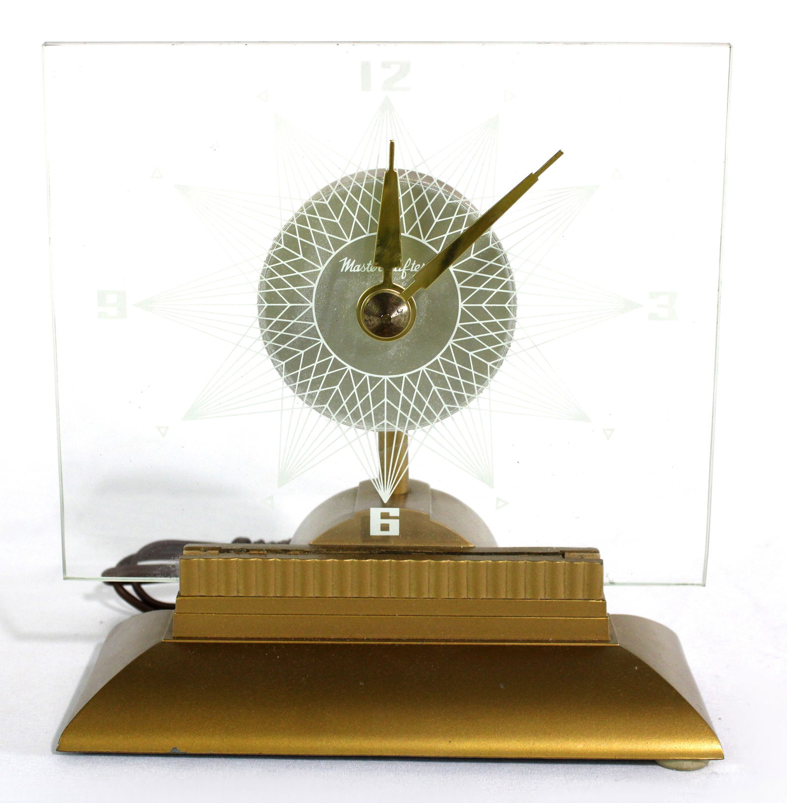 Mid Century Glass Desk Clock: Working. This item requires third-party shipping or pickup arrangements to be made. Dimensions: 9 x 9 x 5