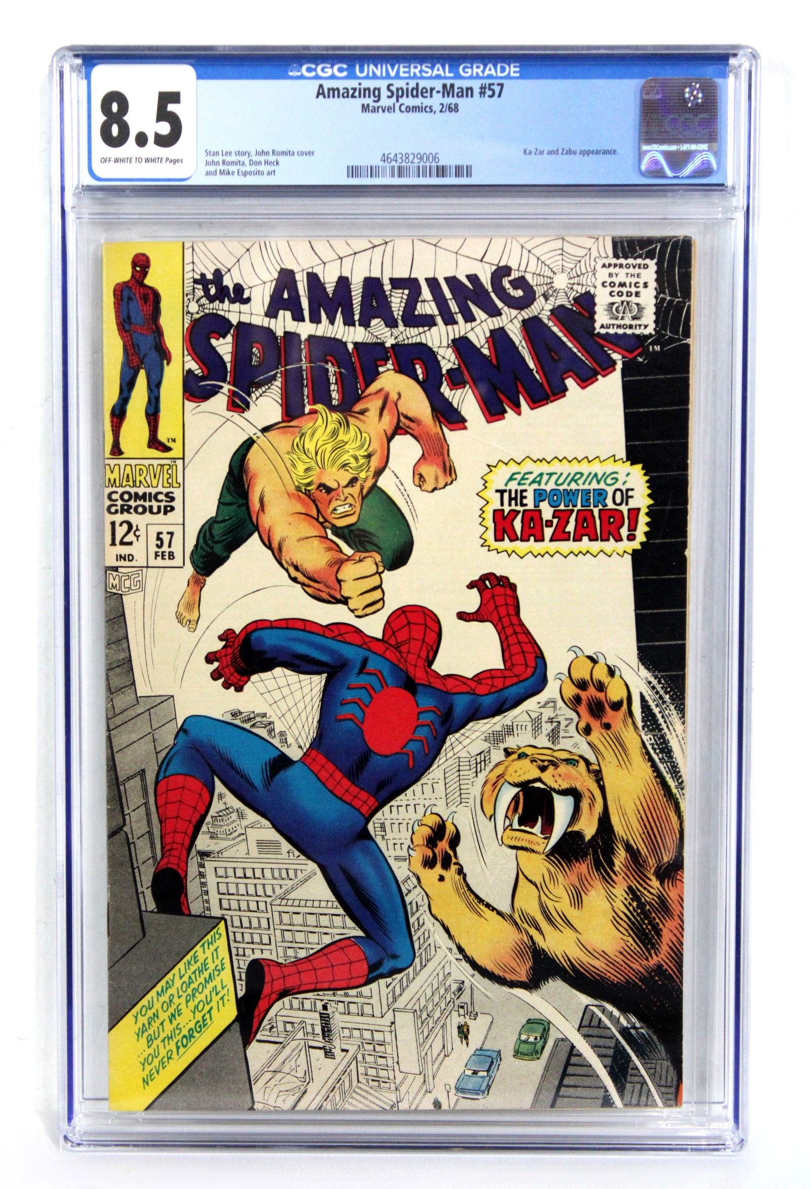 Marvel Comics The Amazing Spider-Man Issue 57, CGC Graded 8.5: CGC Graded 8.5. Ka-Zar and Zabu appearance. Stan Lee Story. In-house shipping available.
