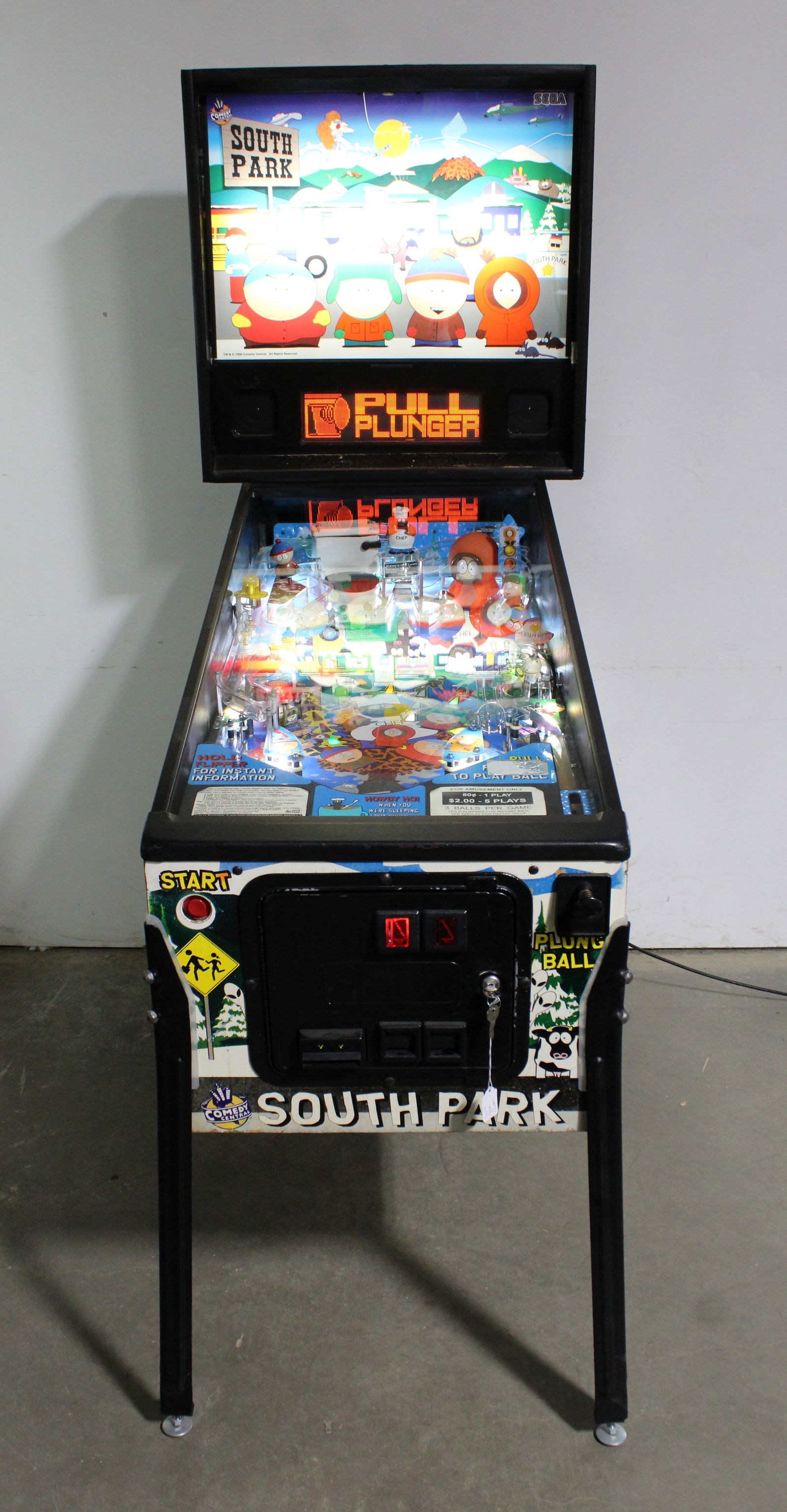 Sega South Park Pinball Machine: Working with bill acceptor. This item requires third-party shipping or pickup arrangements to be made. Dimensions: 77 x 28 x 54