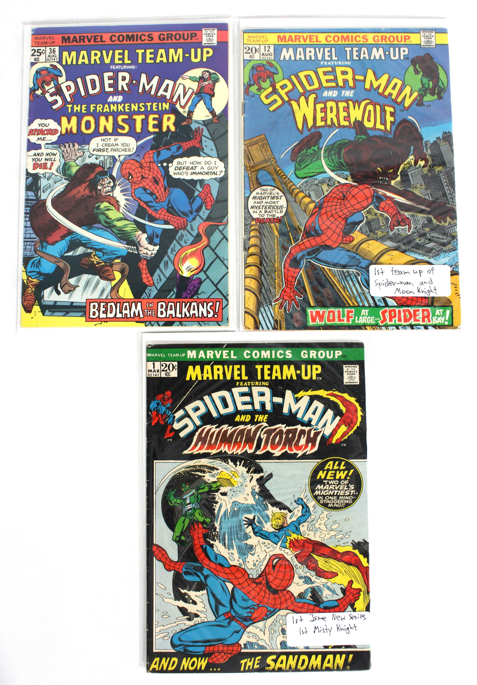 Marvel Team-Up Feat. Spider-man Issues 1, 12 & 36: Issue 1 - First issue in new series, First Misty Knight appearance. Issue 12 - 1st team up of Spider-Man and Moon Knight. Bagged and boarded.