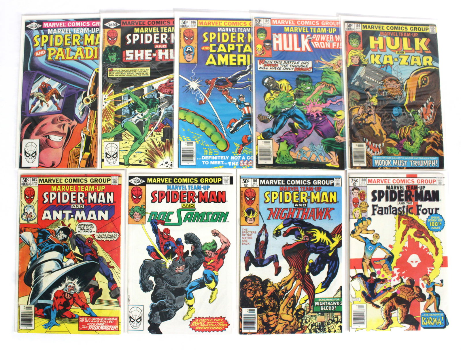 Marvel Team-Up Feat. Spider-Man Issues 100-109: Total of 9 Issues. Assorted issues. Bagged and Boarded. Varying conditions. In-house shipping available.