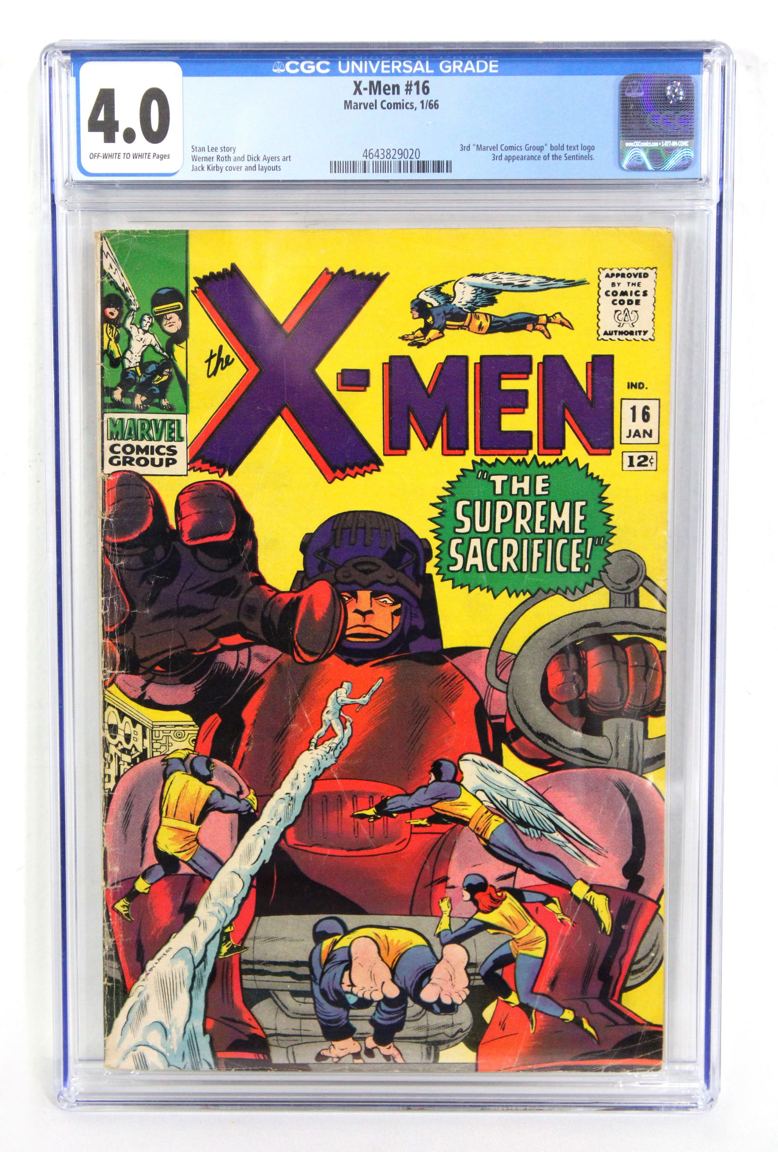 Marvel Comics The X-Men Issue 16, CGC graded 4.0: CGC graded 4.0. Third "Marvel Comics Group" bold text logo. 3rd appearance of the Sentinels. In-house shipping available.