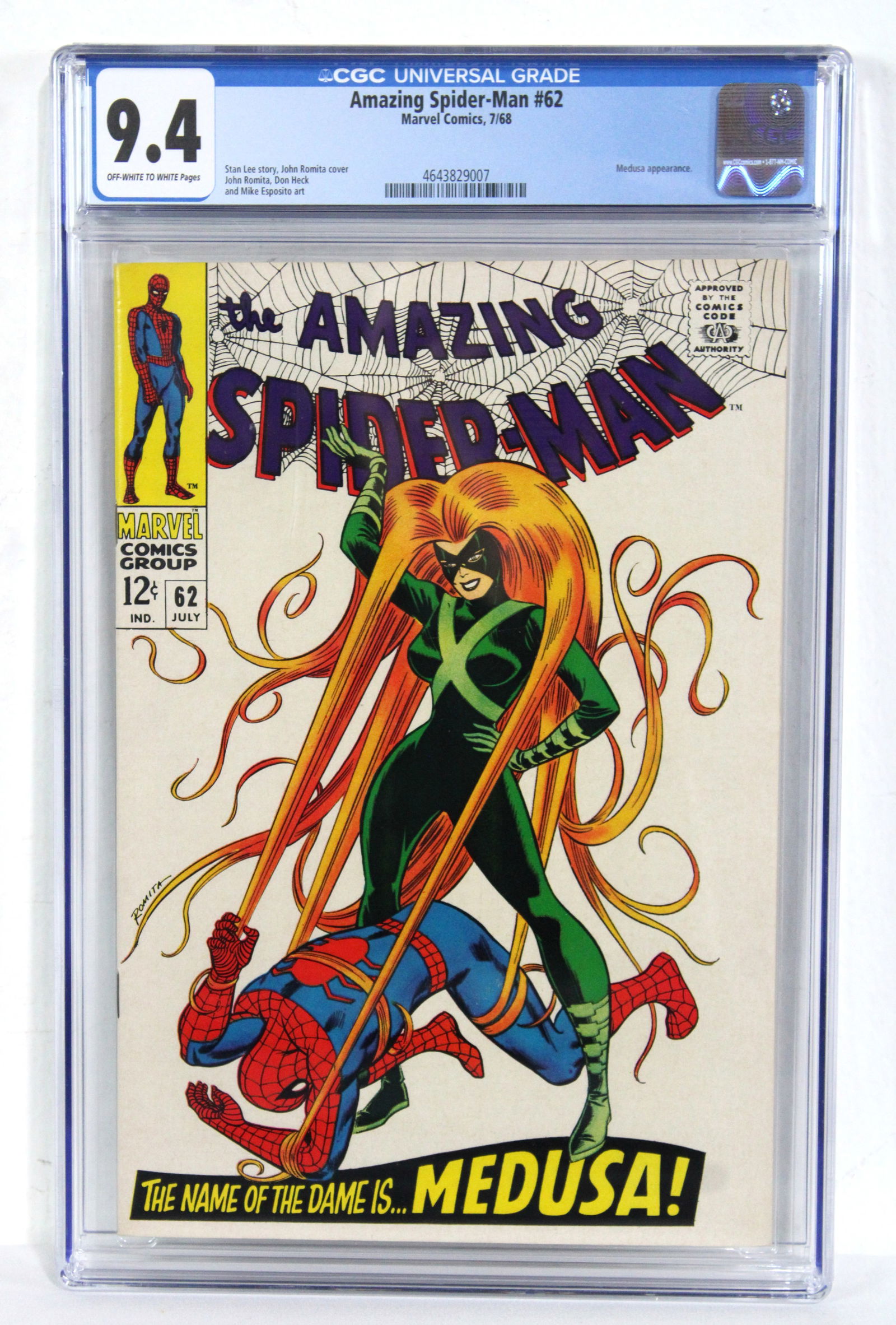 Marvel Comics The Amazing Spider-Man Issue 62, CGC Graded 9.4: CGC Graded 9.4. Medusa appearance. Stan Lee Story. In-house shipping available.