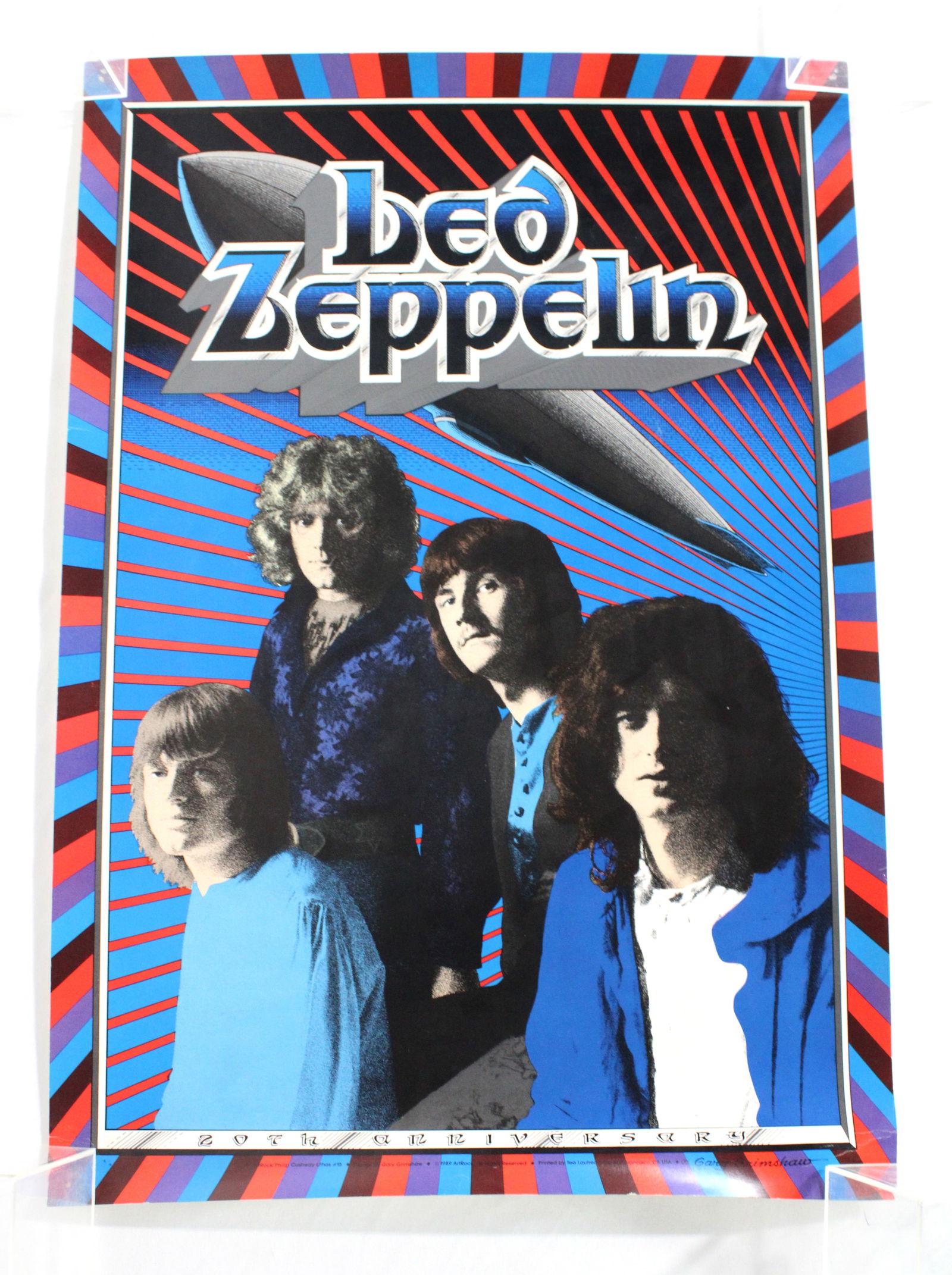 Led Zeppelin 20th Anniversary Poster by Gary Grimshaw: 1989. Has corner thumbtack holes. In-house shipping available. Dimensions: 26 x 18