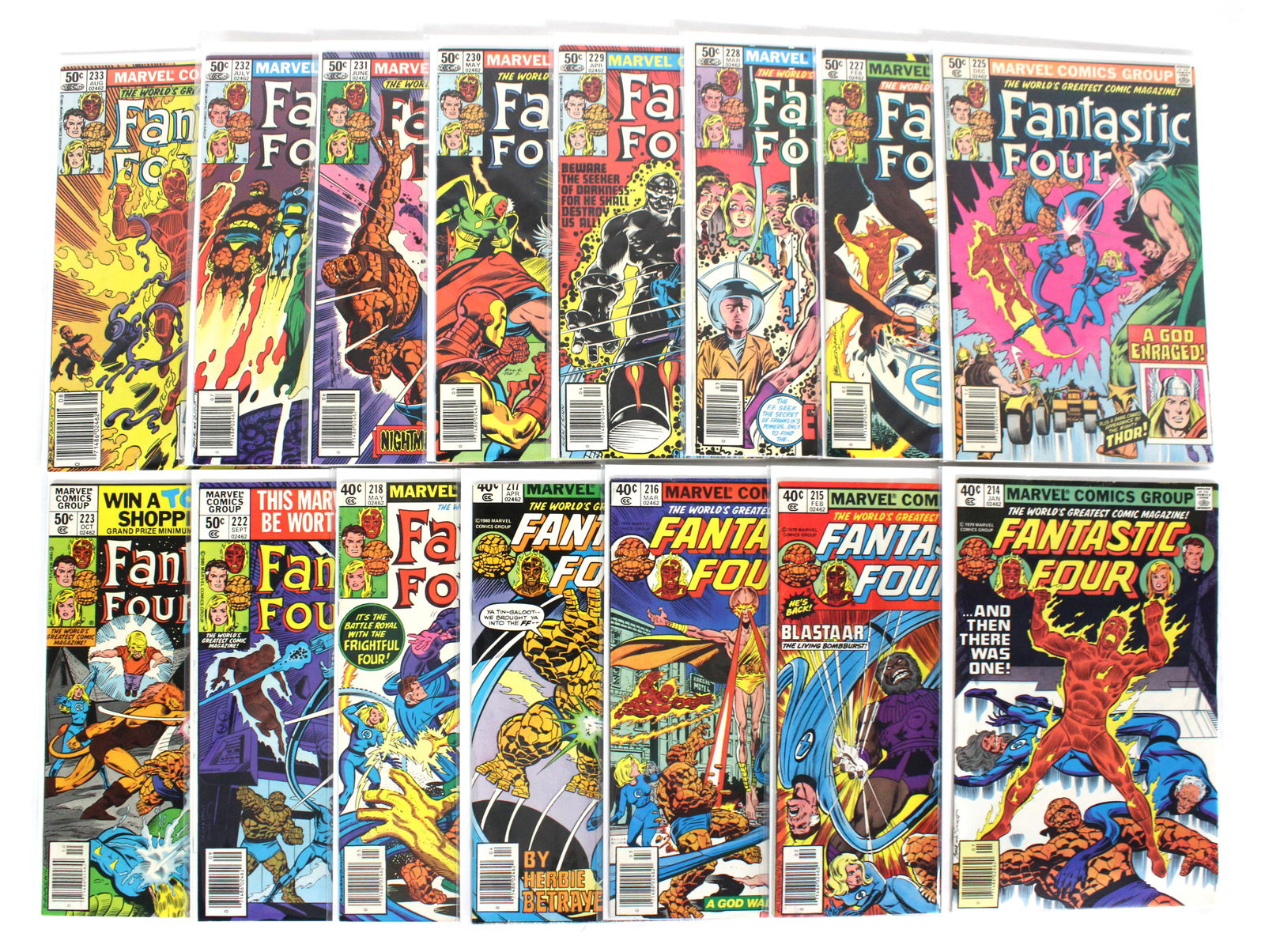 Marvel Comics Fantastic Four, Fifteen Issues: Total of 15 Issues. Includes Issues 214-218, 222, 223, 225, 227-233. Bagged and boarded. Varying conditions. In-house shipping available.