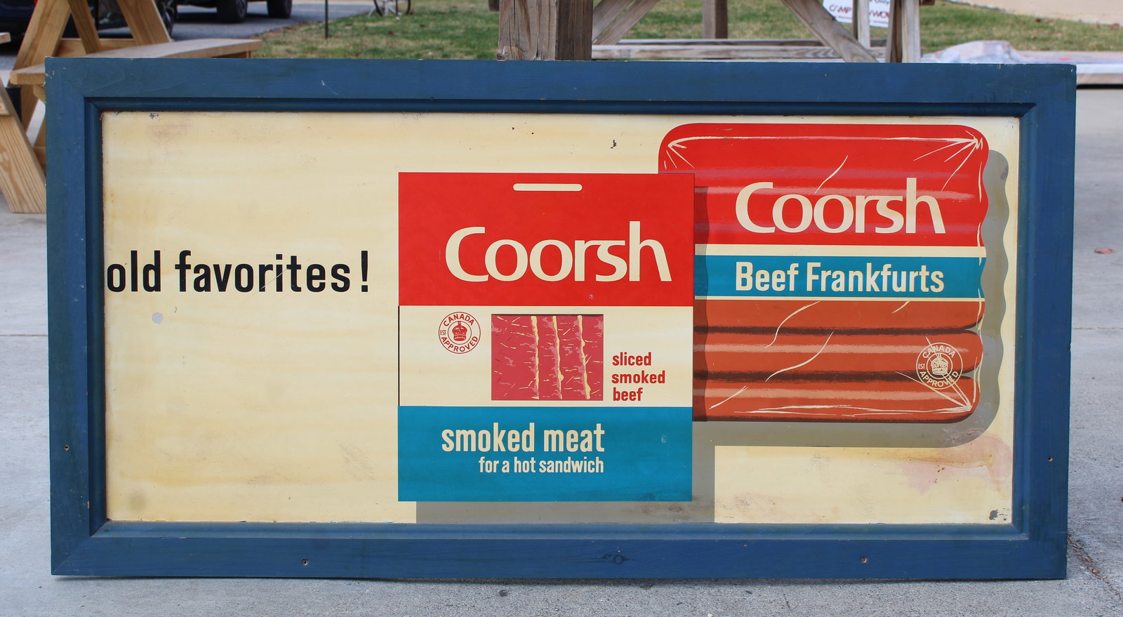 Coorsh Smoked Meat Advertising Sign: This item requires third-party shipping or pickup arrangements to be made. Dimensions: 24 x 48 x 1