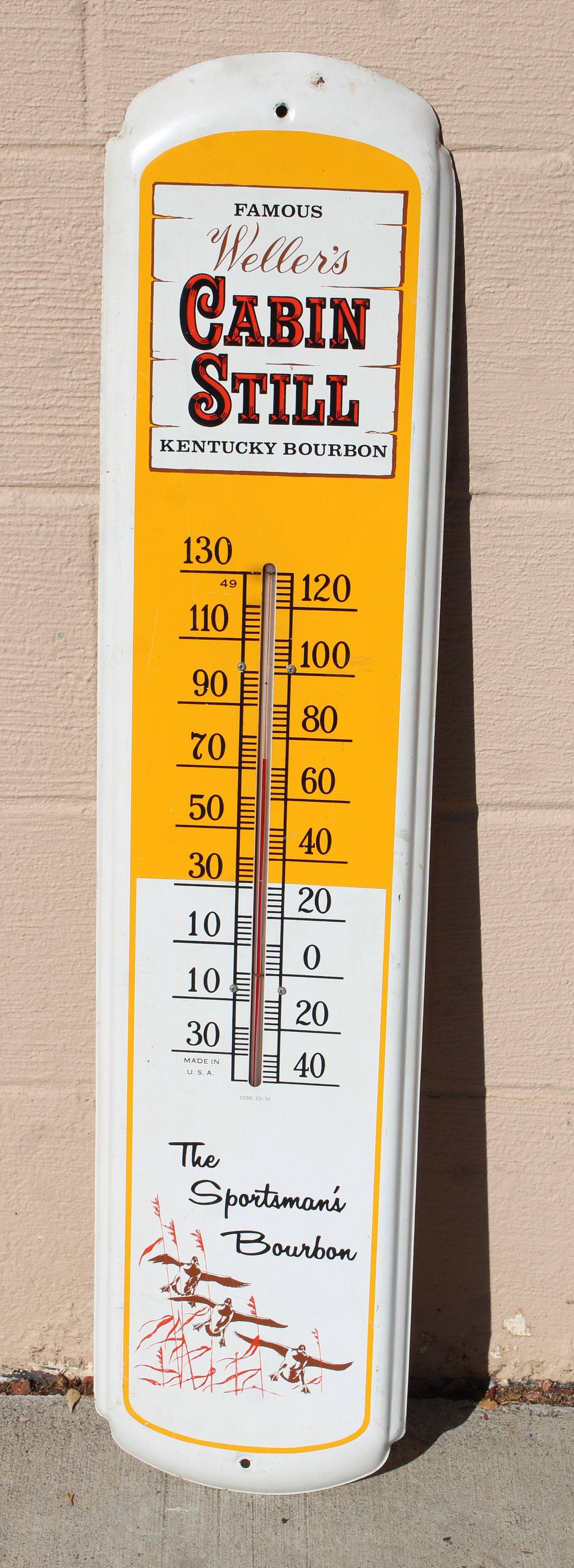 Weller's Cabin Still Kentucky Whiskey Thermometer: This item requires third-party shipping or pickup arrangements to be made. Dimensions: 36 x 8 x 1
