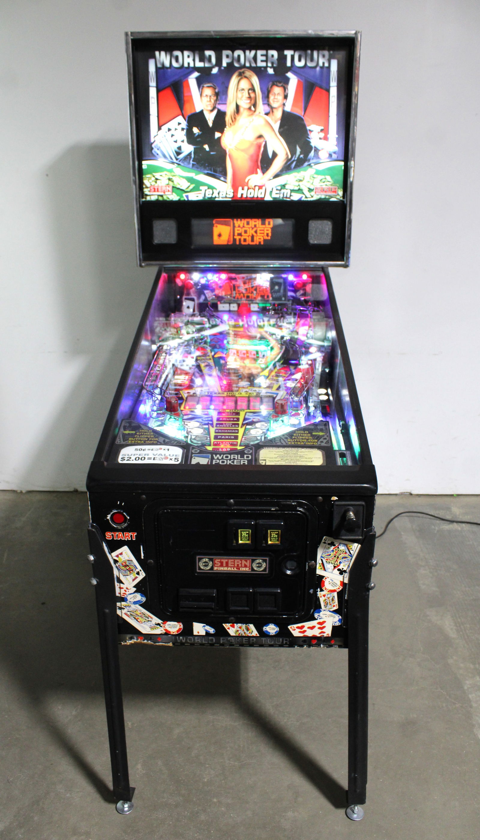 Stern World Poker Tour Pinball Machine with LED Lights: Working with Bill Acceptor. Dimensions: 76 x 28 x 54This item requires third-party shipping or pickup arrangements to be made.