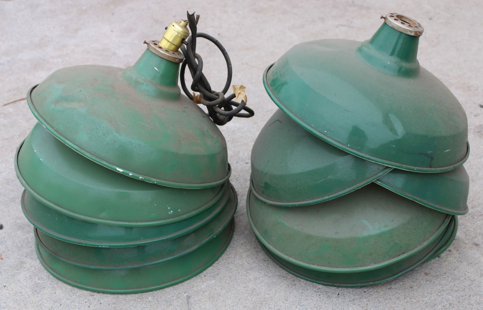 Enamel Gas Station Lights: Total of 11. Dusty! This item requires third-party shipping or pickup arrangements to be made.