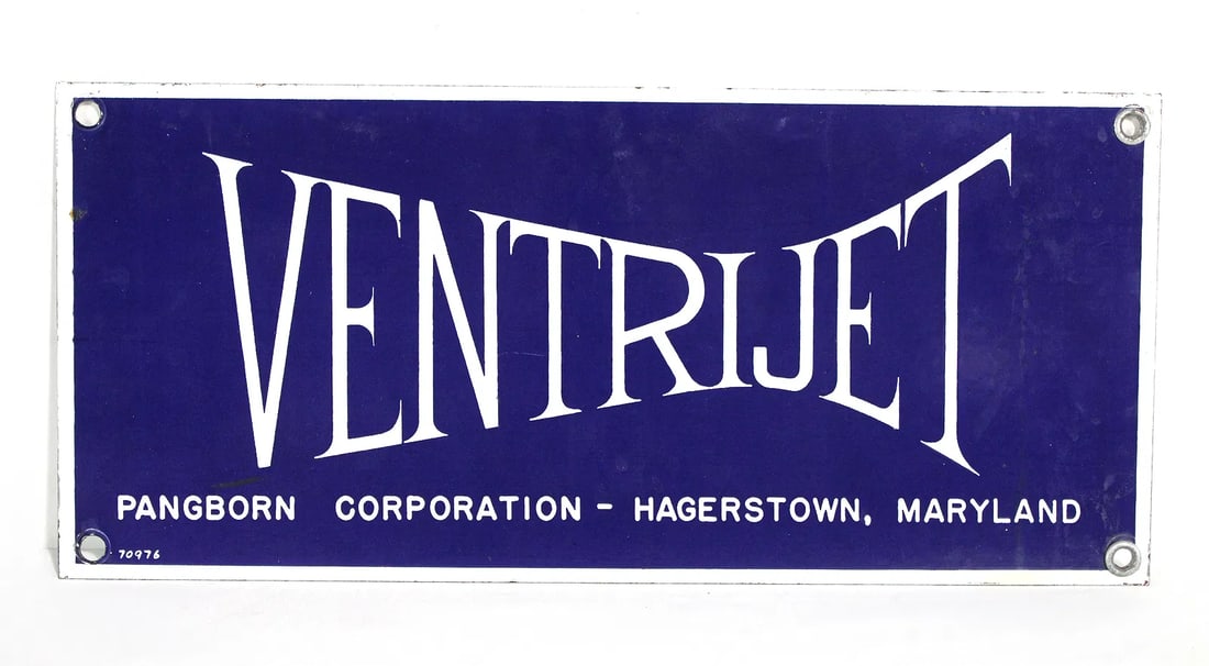 Pangborn Corporation "Ventrijet" Porcelain Sign, Hagerstown, MD: In-house shipping available. Dimensions: 8 x 18
