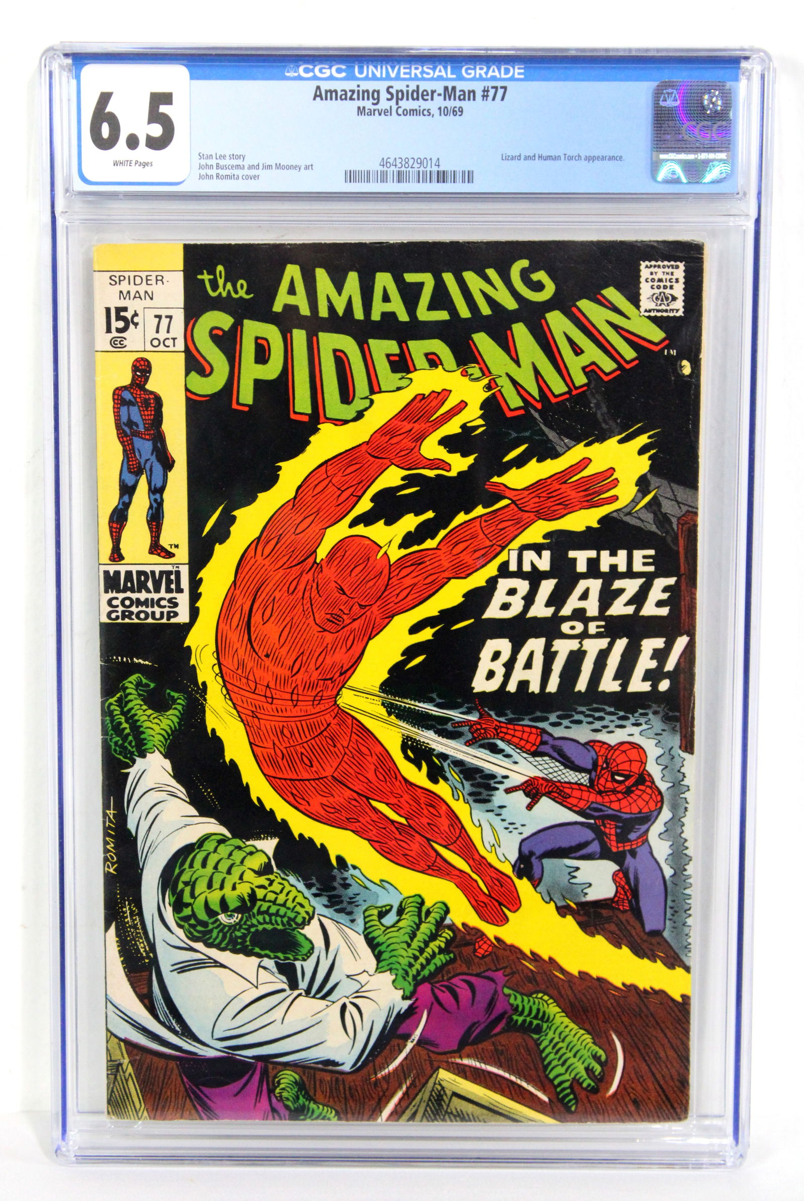 Marvel Comics The Amazing Spider-Man Issue 77, CGC Graded 6.5: CGC Graded 6.5. Lizard and human torch appearance. Stan Lee Story. John Romita cover. In-house shipping available.