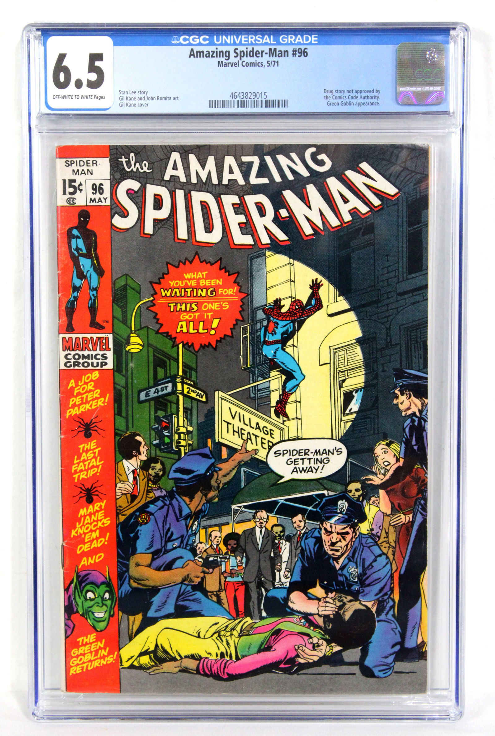 Marvel Comics The Amazing Spider-Man Issue 96, CGC graded 6.5: CGC graded 6.5. Drug story not approved by the Comics Code Authority. Green Goblin appearance. Stan Lee Story. Gil Kane cover. In-house shipping available.