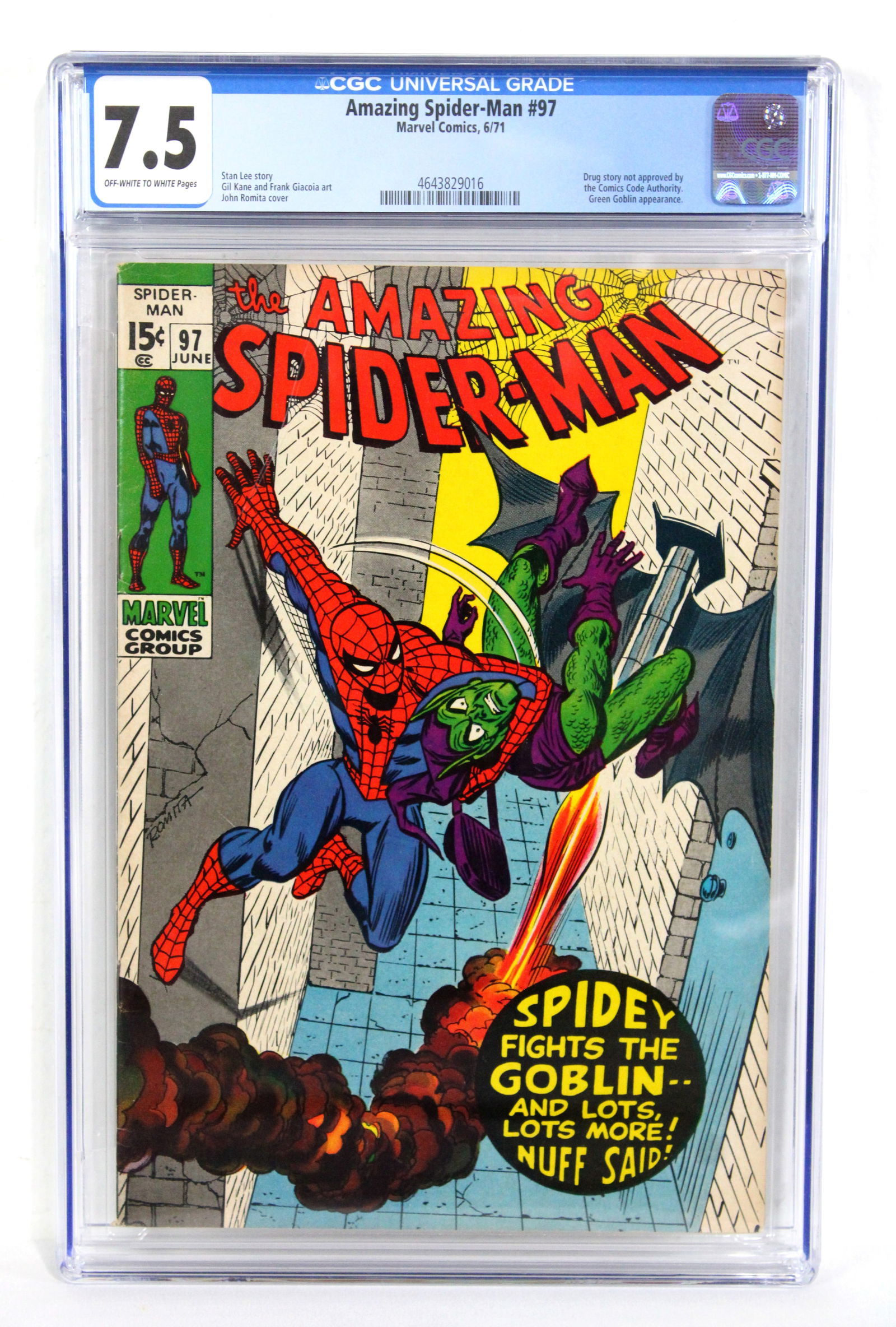 Marvel Comics The Amazing Spider-Man Issue 97, CGC graded 7.5: CGC graded 7.5. Drug story not approved by the Comics Code Authority. Green Goblin appearance. Stan Lee Story. John Romita cover. In-house shipping available.