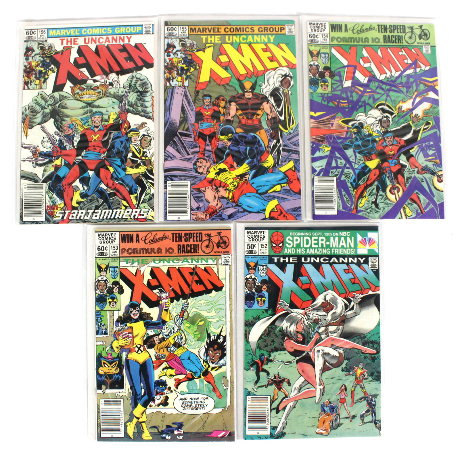 Marvel Comics X-Men Issue 152 - 156: Total of 5 Issues. Assorted issues. Bagged and Boarded. Varying conditions. In-house shipping available.