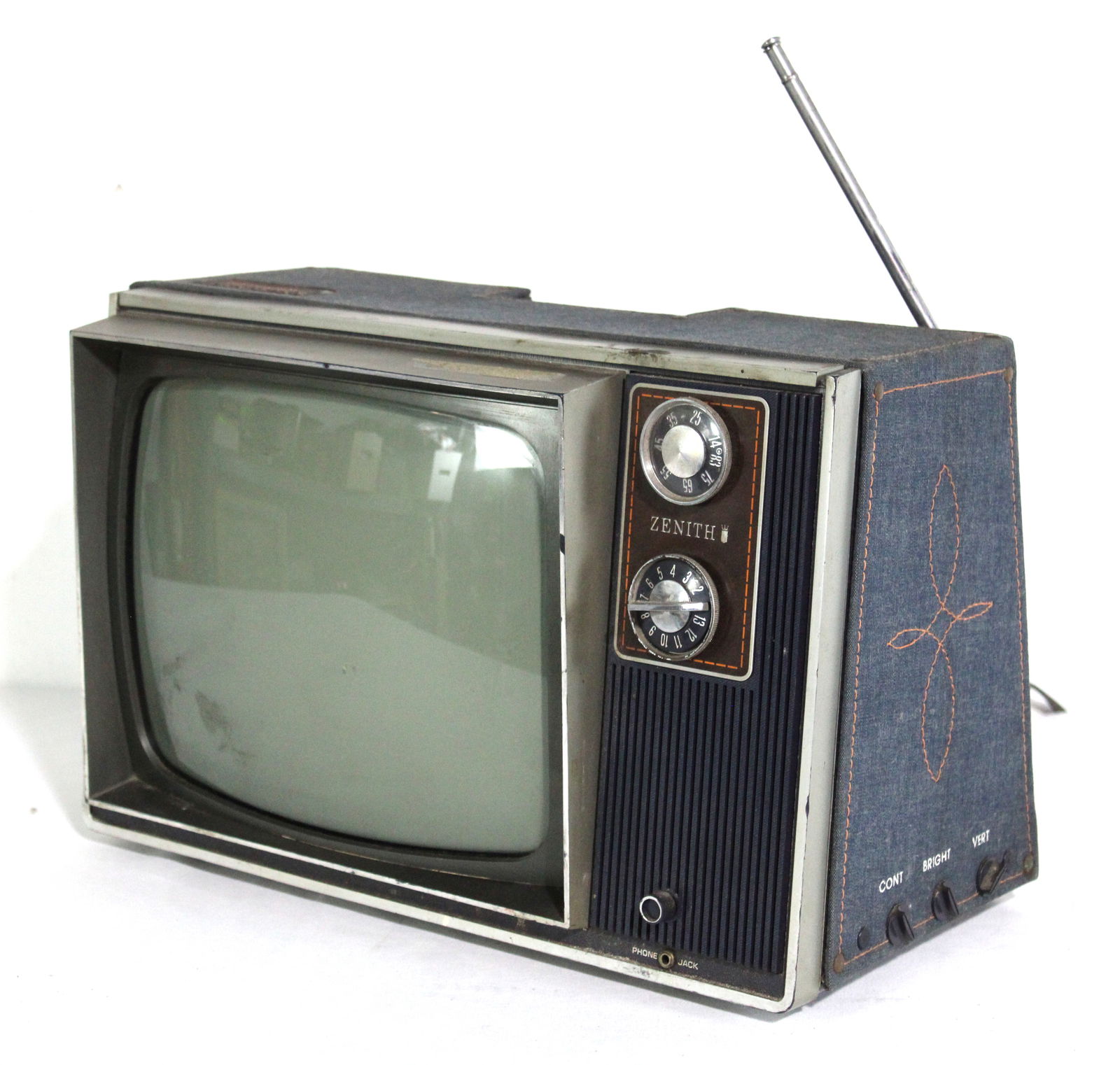 Zenith Sidekick Denim Covered TV: Untested. Needs thorough cleaning! Dimensions: 11 x 17 x 9