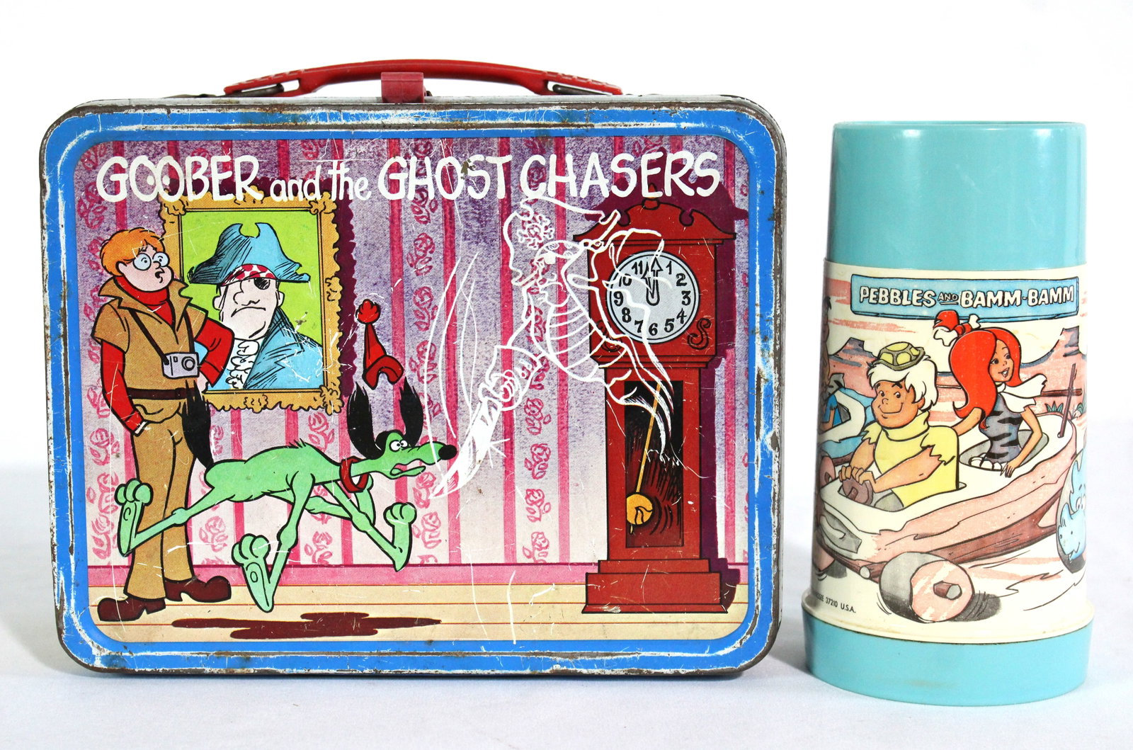 Hannah Barbera Tin Lunchbox and Thermos incl. Goober and The Ghost Chasers: Also includes Flintstones Thermos Pebbles and Bamm-Bamm. In-house shipping available.