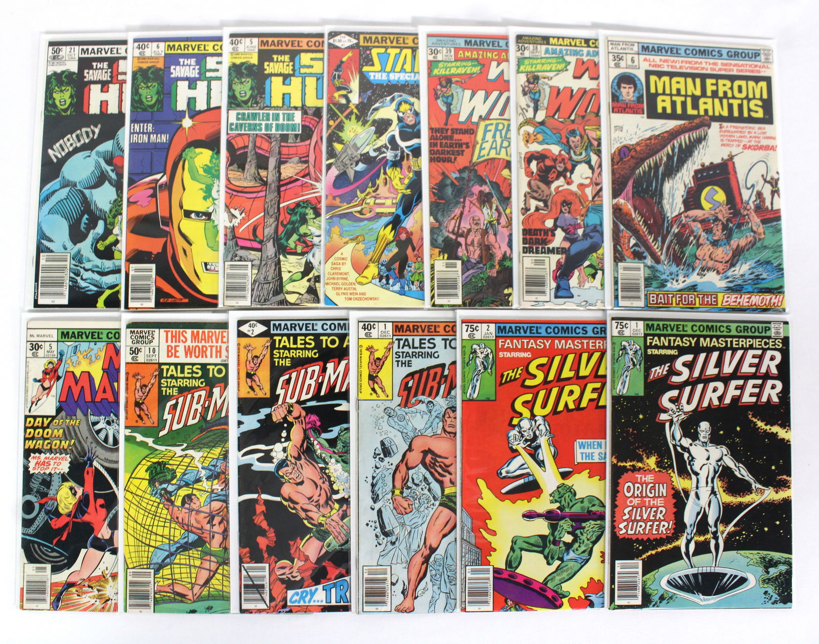 Marvel Comics Mix Lot incl., Silver Surfer, Ms. Marvel and She-Hulk: Total of 13 Issues. Assorted issues. Bagged and Boarded. Varying conditions. In-house shipping available.