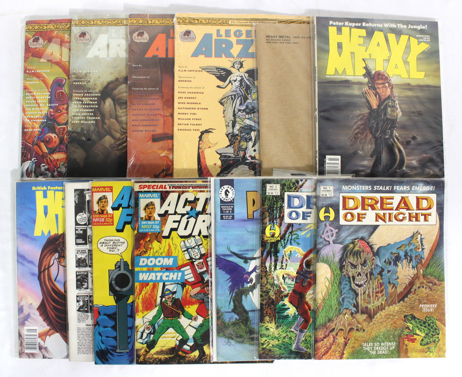 Assorted Comic Magazines incl. Dread of Night, GI Joe and Heavy Metal: Total of 13 Issues. Assorted issues. Bagged. Varying conditions. In-house shipping available.