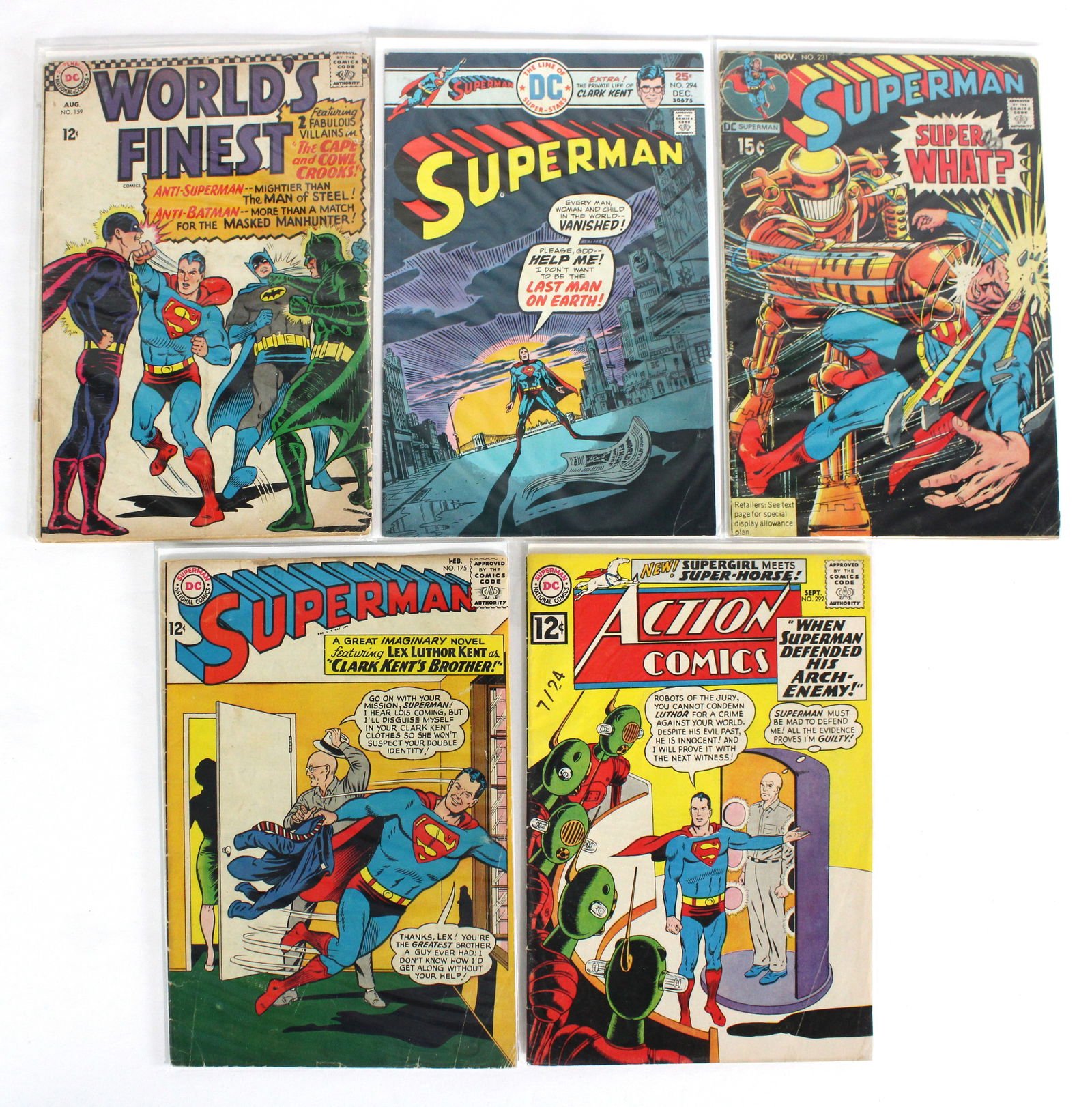 DC Comics Superman, Action Comics and World's Finest: Total of 5 Issues. Assorted issues. Bagged and Boarded. Varying conditions. In-house shipping available.