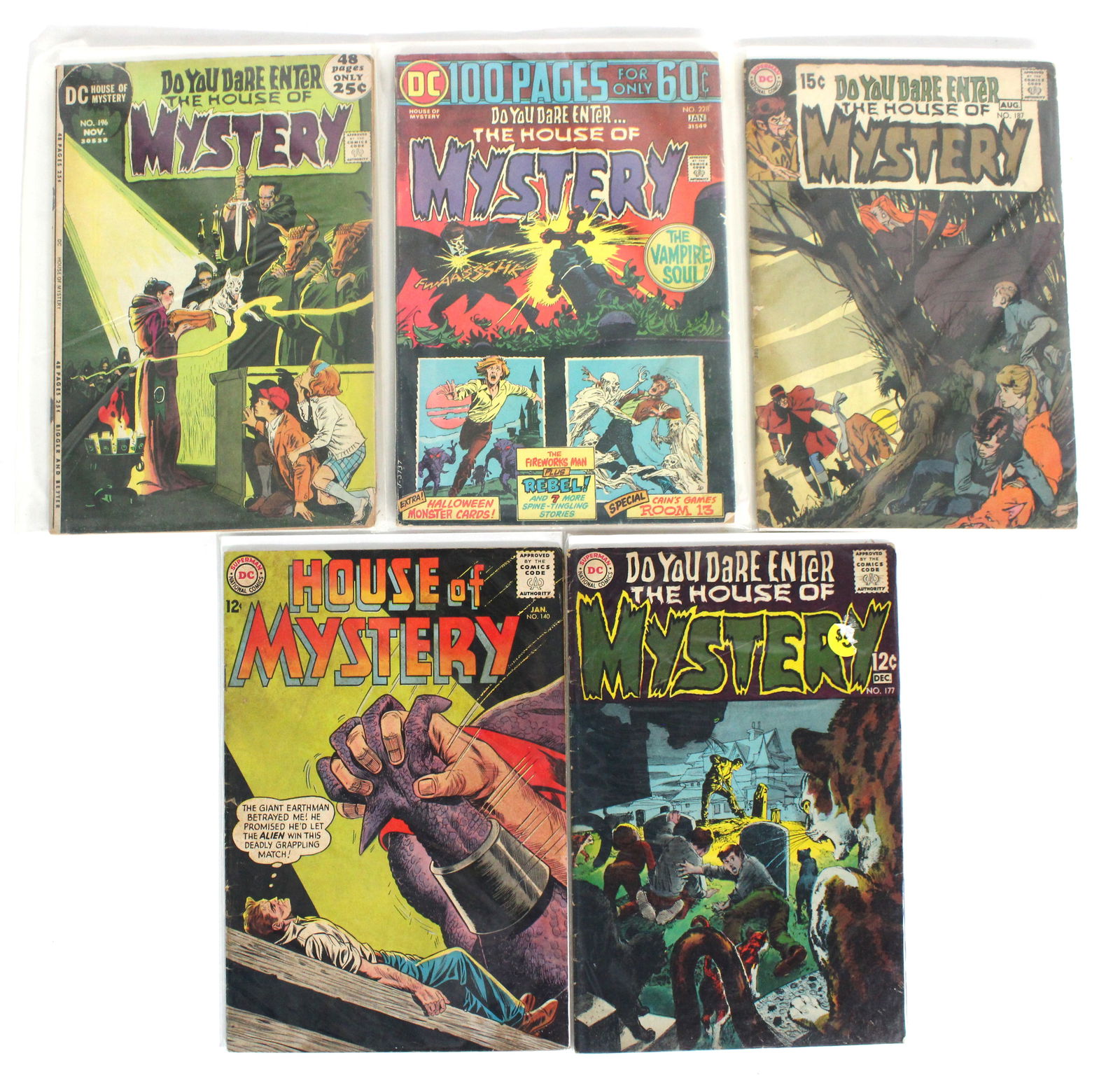 DC House of Mystery Comic Books: Incl. 140, 177, 187, 196, 228. Bagged. Varying conditions. In-house shipping available.