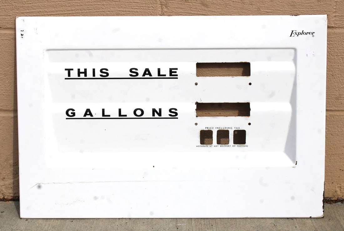 Porcelain Gas Pump Plate: This item requires third-party shipping or pickup arrangements to be made. Dimensions: 19 x 29