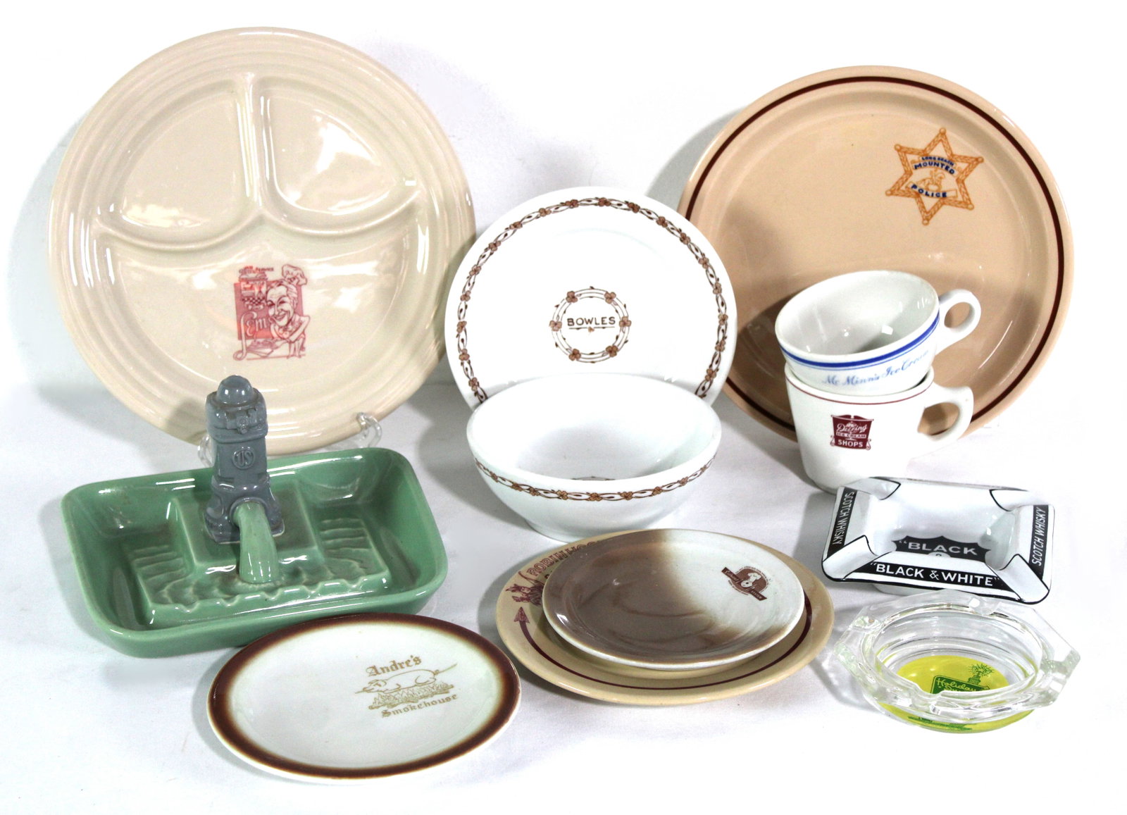 Vintage Diner China and Advertising Ashtrays: Total of 12 pieces. This item requires third-party shipping or pickup arrangements to be made.