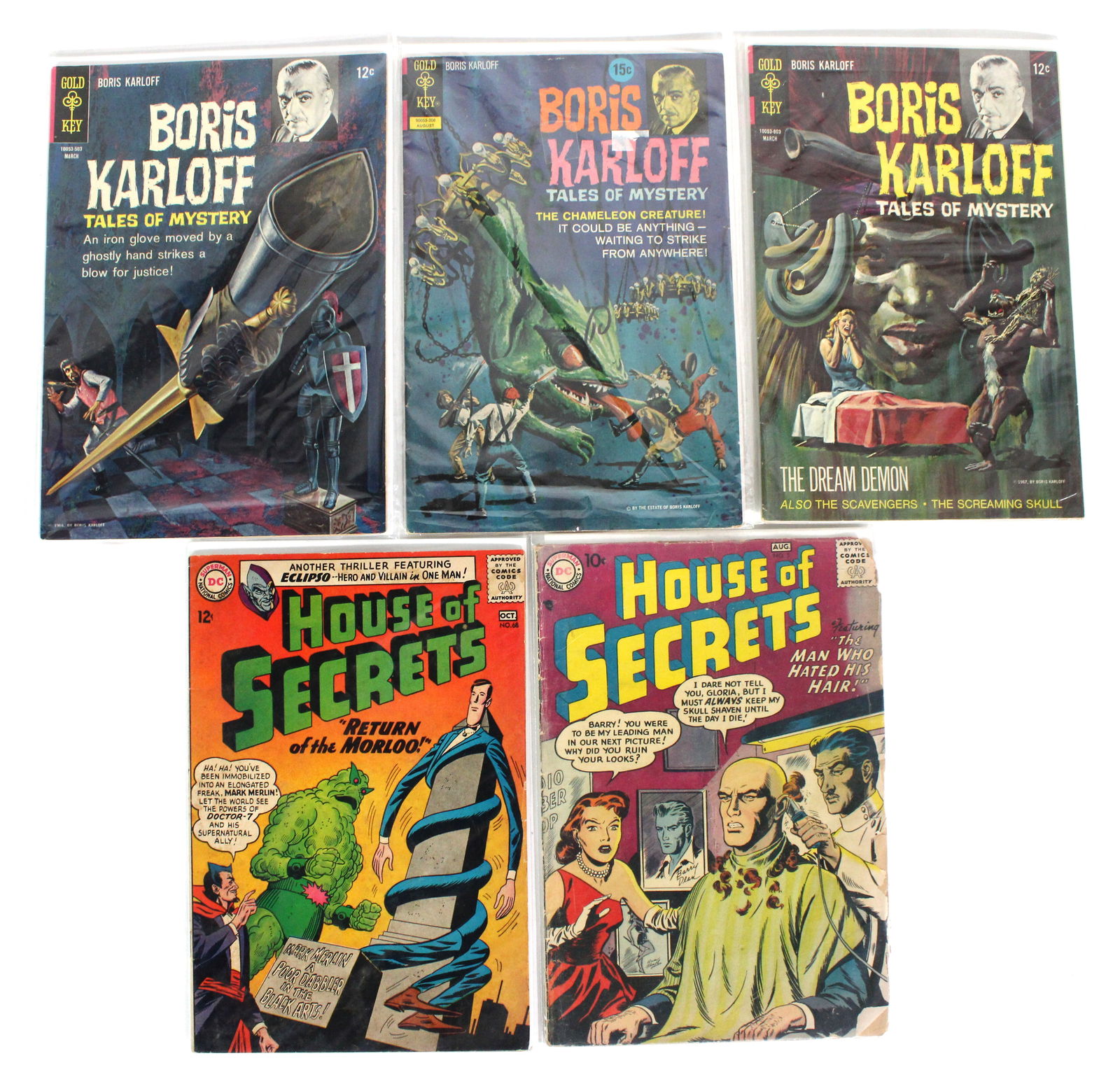 DC House of Secrets / Gold Key Boris Karloff Comics: Total of 5 Issues. Includes DC House of Secrets Issues 5 and 68. Assorted issues. Bagged and Boarded. Varying conditions. In-house shipping available.