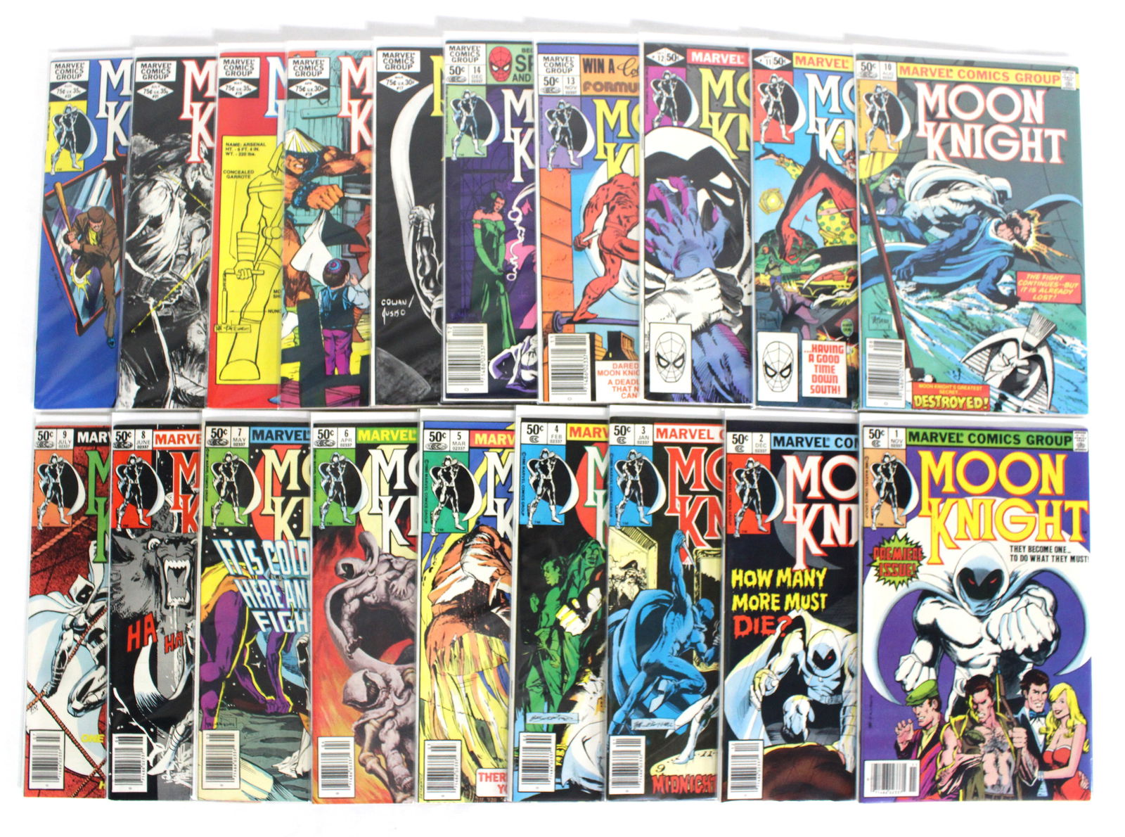 Marvel Comics Moon Knight, Including Issues 1-14.: Total of 19 Issues. Assorted issues. Bagged and Boarded. Varying conditions. In-house shipping available.