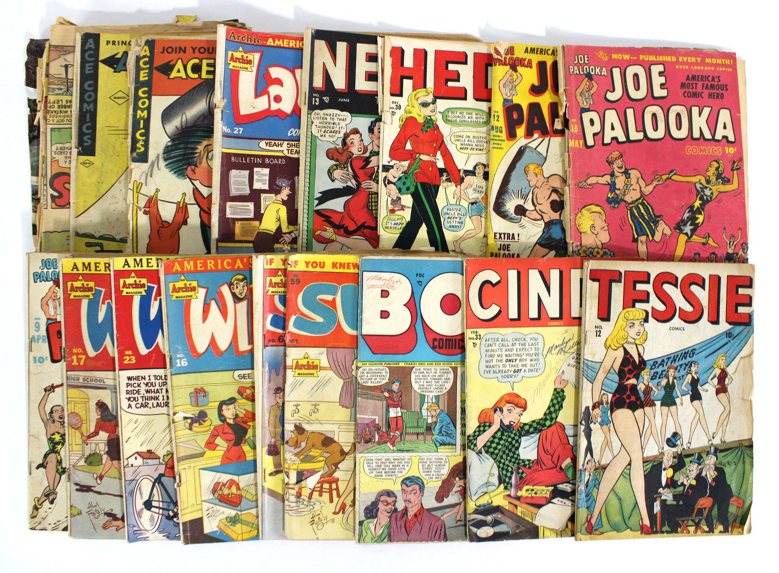 Vintage Comic Lot, Including Joe Palooka, Tessie, Wilbur and Ace Comics: Poor Conditon. Not bagged. In-house shipping available.