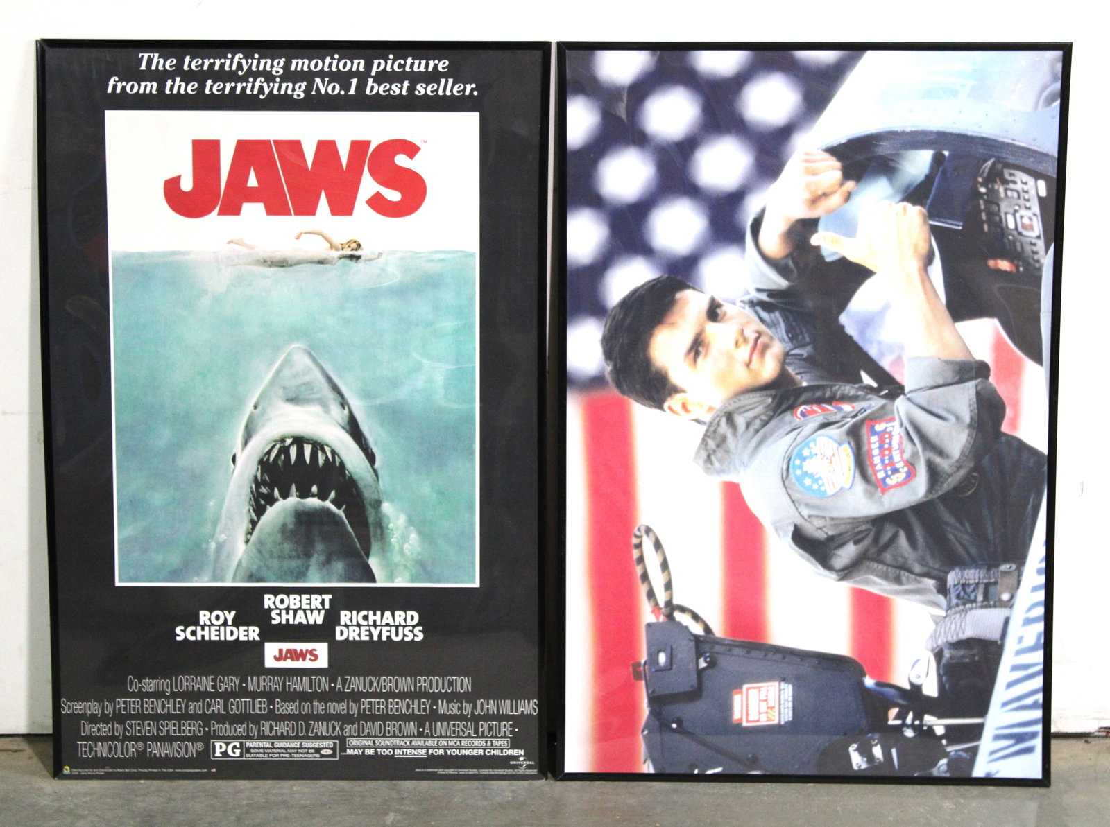 Movie Posters incl. Jaws and Top Gun: In- House Shipping available without frames otherwise, this item requires third-party shipping or pickup arrangements to be made. Dimensions of each: 36 x 24 x 1