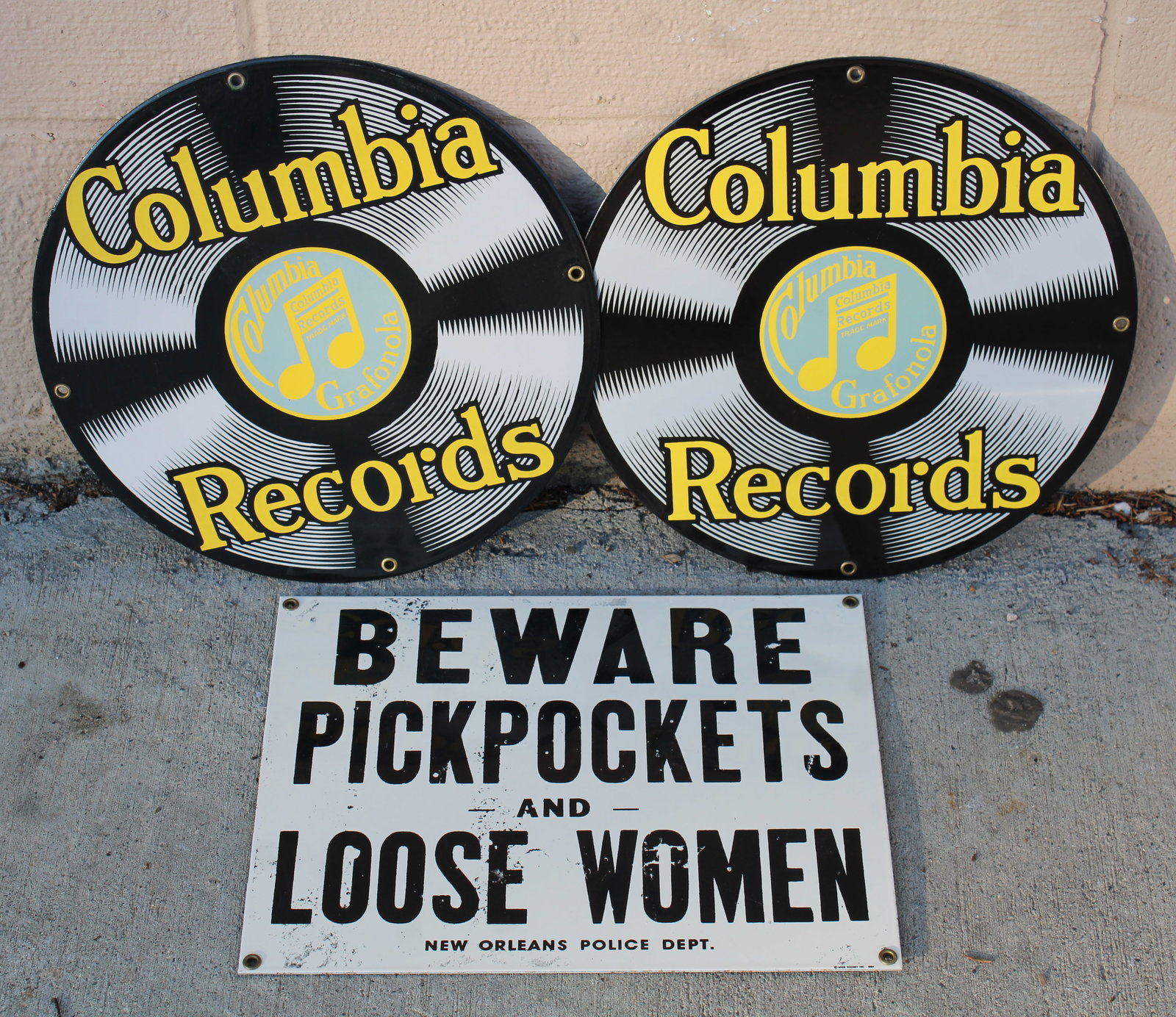 Novelty signs incl. Porcelain Columbia Records Signs: In-house shipping available. Dimensions of one: 12 x 12 x 1