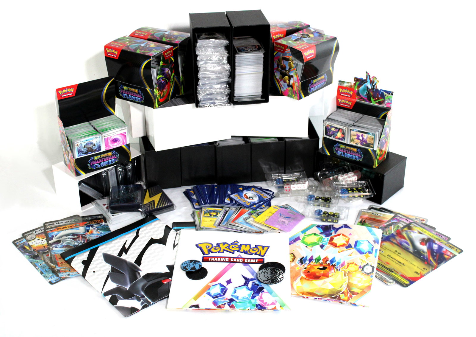 Large Lot of Pokemon Cards incl. Phantasmal Flames, Shrouded Fable: Prismatic Evolutions, Black Bolt and White Flare. Posters, Cards and Accessories. In-house shipping available.