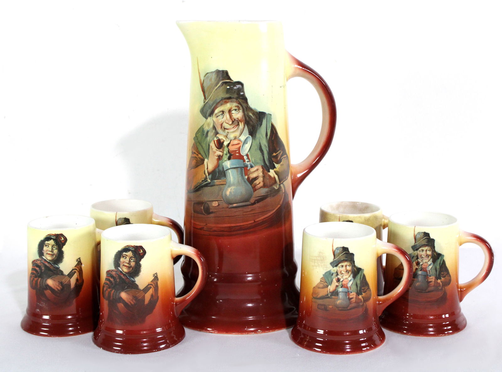 Hearich Brewery, Washington DC Pitcher and Mugs, Circa 1910: Crack to pitcher. This item requires third-party shipping or pickup arrangements to be made. Dimensions of pitcher: 13 x 8 x 6