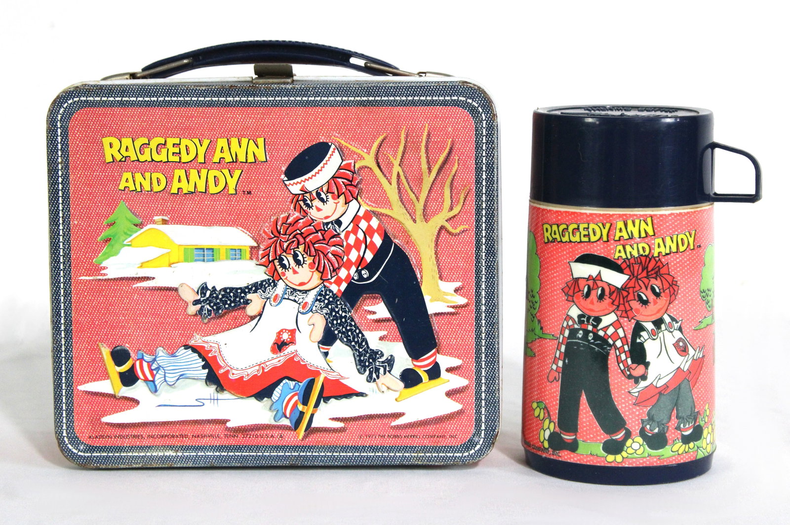 Aladdin Raggedy Ann and Andy Tin Lunchbox with Thermos: In-house shipping available.