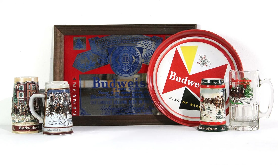 Budweiser Beer Collectibles incl. Tray, Mugs and Mirror: This item requires third-party shipping or pickup arrangements to be made.