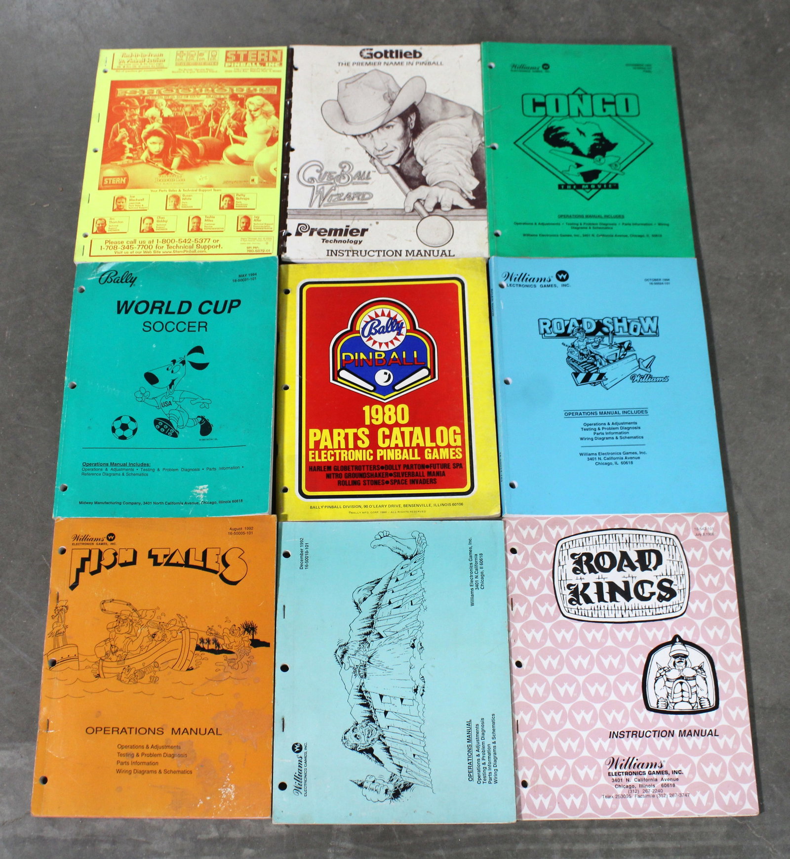 Pinball Manuals incl. Fish Tales, White Water and Road Show: Total of 9. Varying conditions. In-house shipping available.