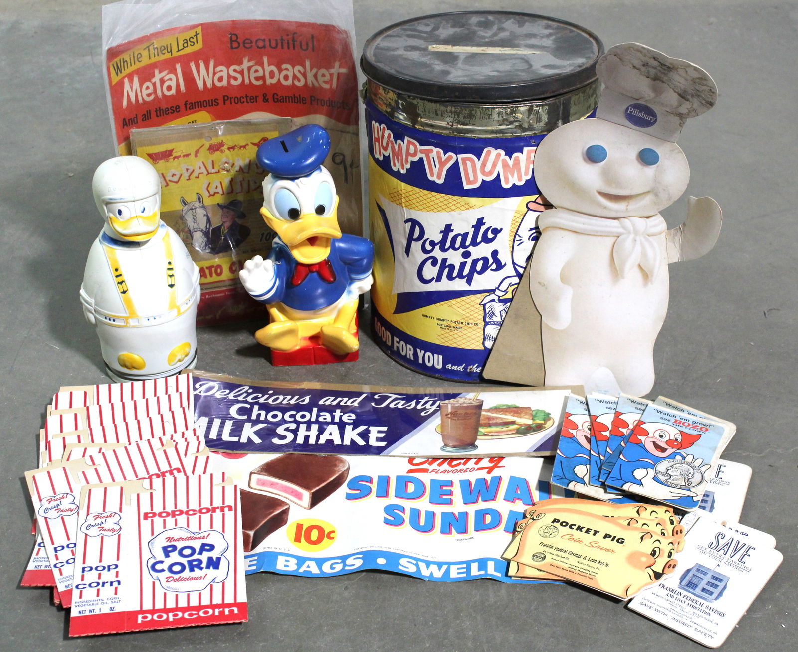 Advertising Items incl. Humpty Dumpty Potato Chip Can and Hopalong Cassidy Potato Chip Bag (1 of 5)