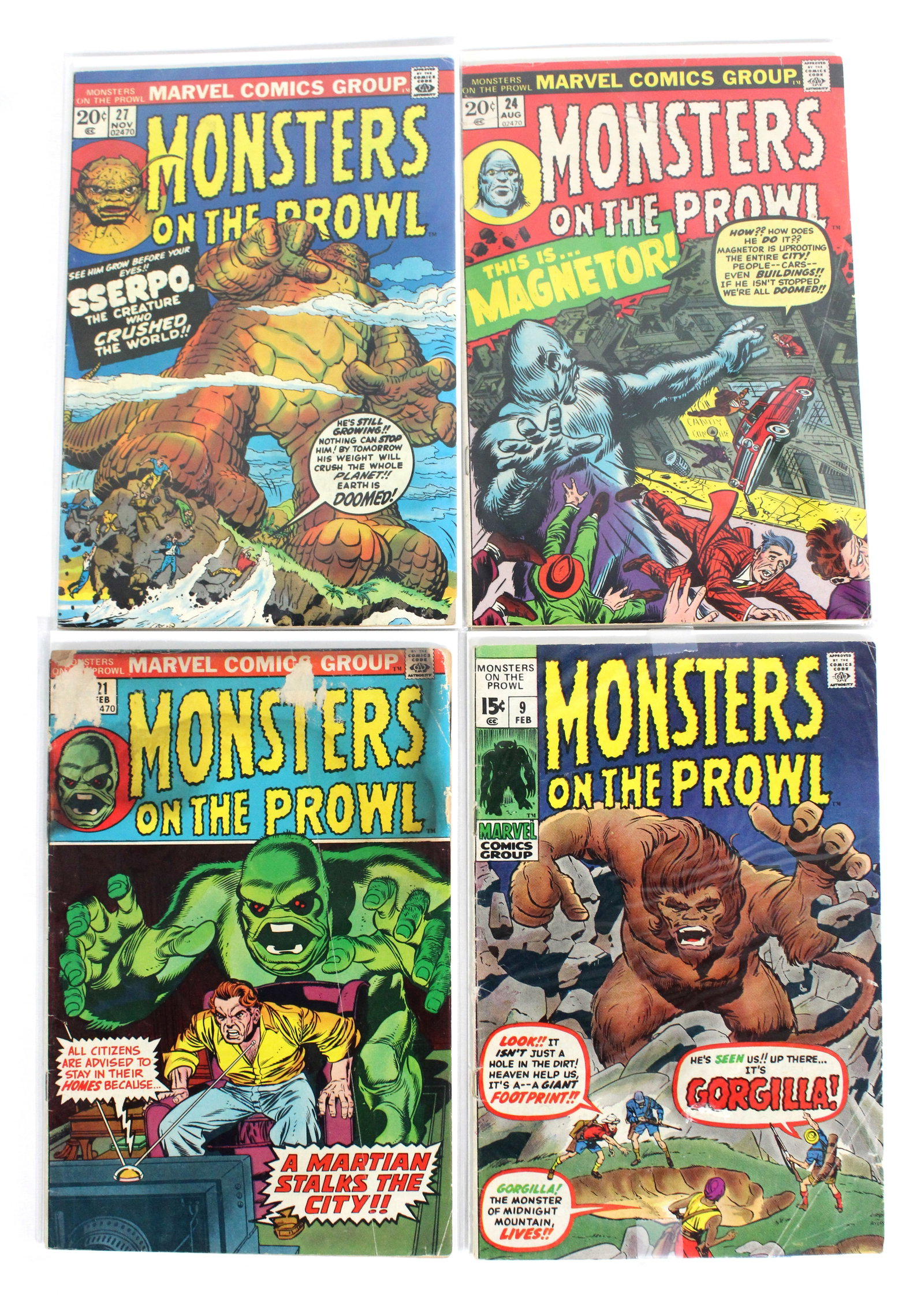 Marvel Comics Monsters on the Prowl Comic Books: Total of 4 Issues. Includes Issues 9, 21, 24, 27. Bagged and Boarded. Varying conditions. In-house shipping available.